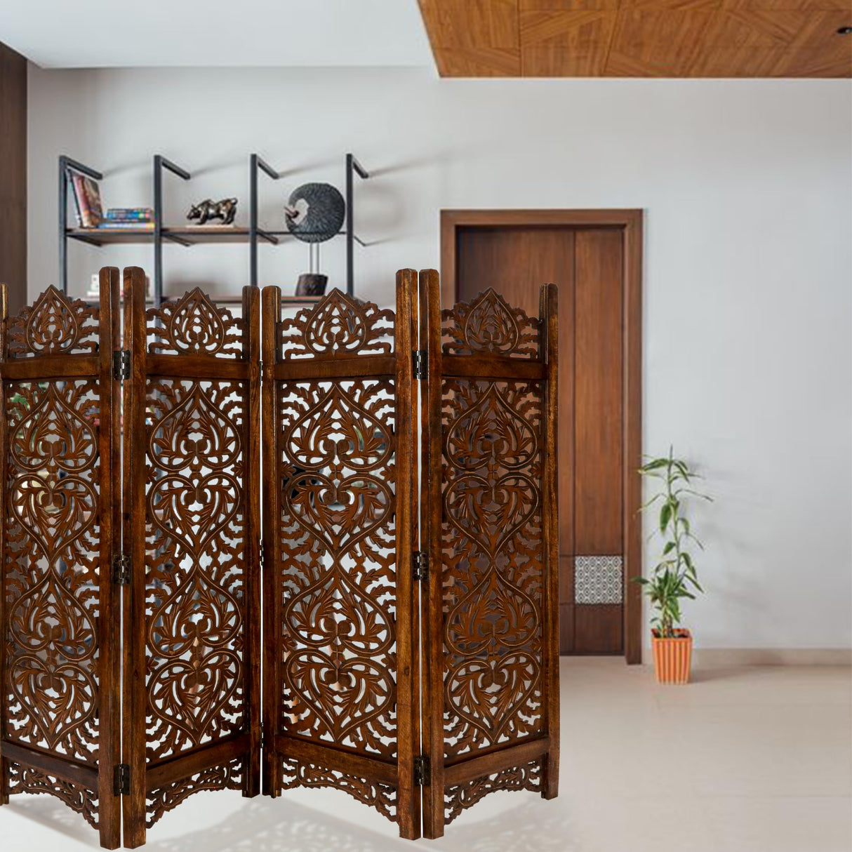 Light & Pro Wood Heart Design Handmade Hinged Foldable Partition 4 Panel Room Divider Screen with Intricately Carved Designs, Pre Assembled - Ready to Use - 48" x 1" x 64", Burnt Light & Pro