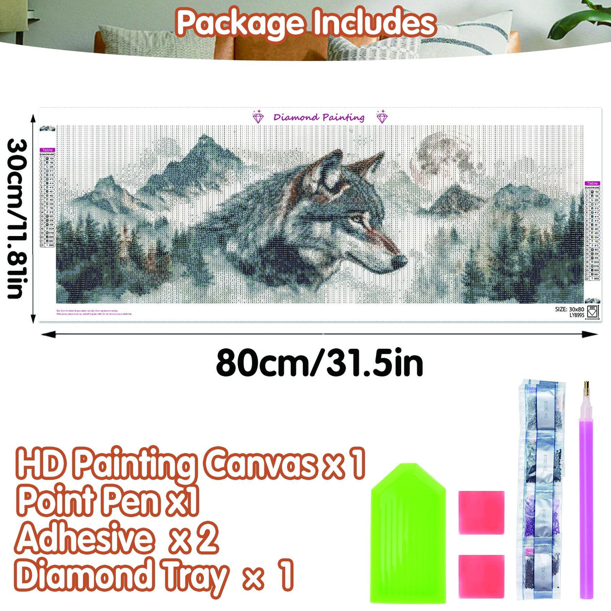 SKRYUIE 5D Large Diamond Painting Kits Wolf - DIY Diamond Art Kits for Adults Scenery, Full Round Drill - Crystal Embroidery Cross Stitch - Craft for Wall & Office Decor - 12x30 inch / 30x80 cm SKRYUIE