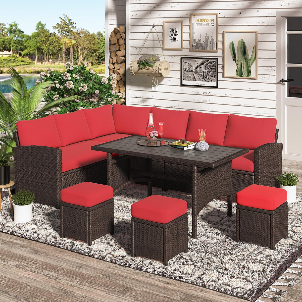 U-MAX Outdoor Patio Furniture Set,7 Piece Patio Sectional Sofa Set with Dining Table All-Weather Wicker Patio Conversation Sets(Brown Rattan & Red Cushion) U-MAX