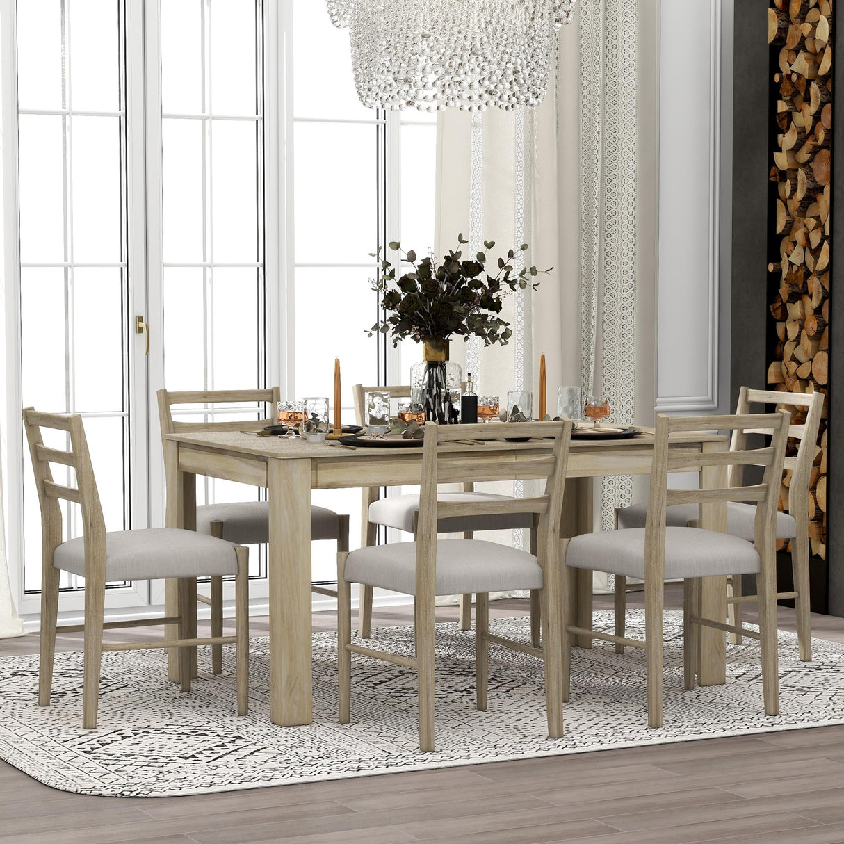 P PURLOVE 7 Pieces Dining Table Set with 6 Soft Cushion Dining Chairs, Mutifunctional Extendable Table with 12" Leaf and 2 Drawers, Wooden Dining Room Table Set for 6 Person (Natural Wood Wash) P PURLOVE