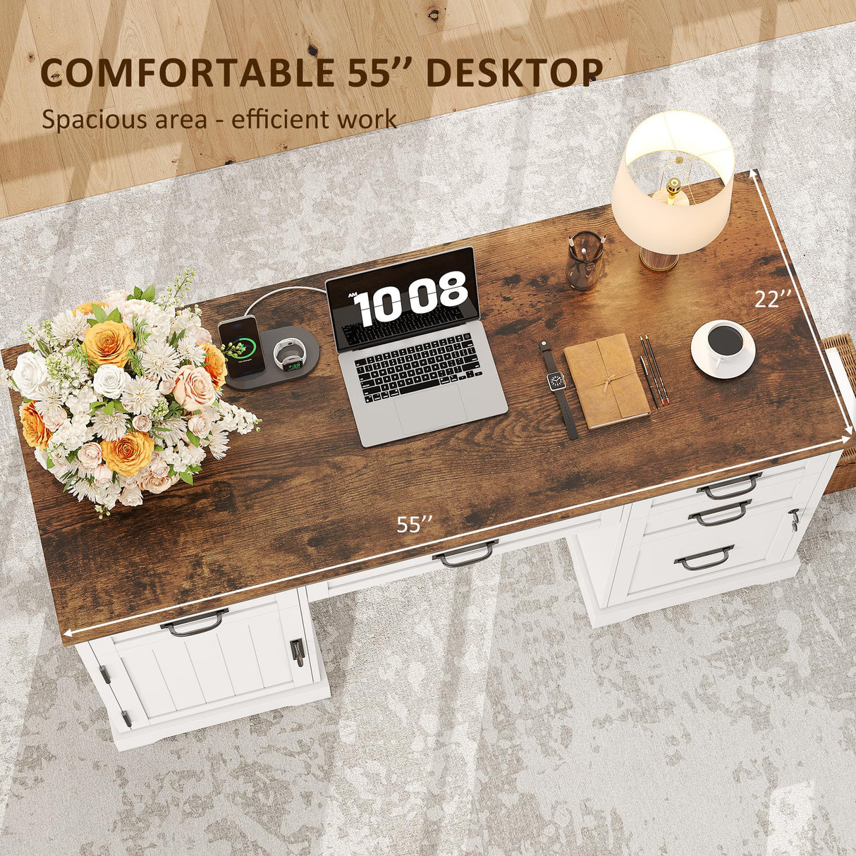 Whalefall 55'' Farmhouse Desk Home Office with Drawers, Executive Computer Desk Wooden with File Cabinet and Charging Station, White Whalefall