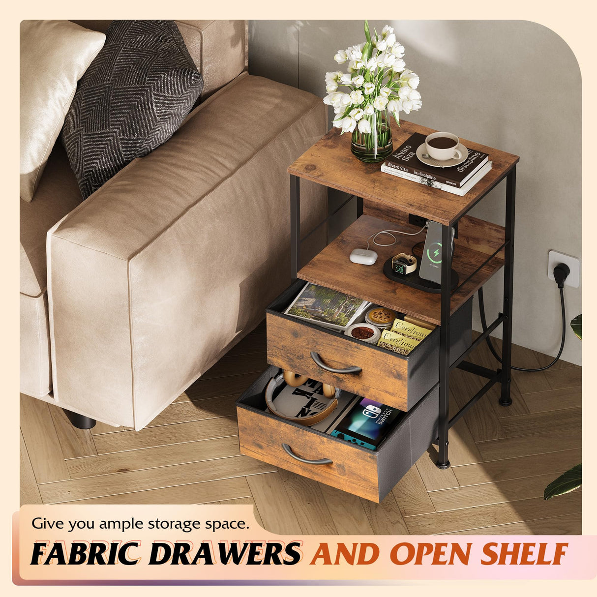 WLIVE Night Stand Set of 2 with Charging Station, LED Nightstand Sets with 2 Fabric Drawers and Storage Shelf, Small Bedside Tables for Small Spaces, Dresser for Bedroom, Rustic Brown WLIVE