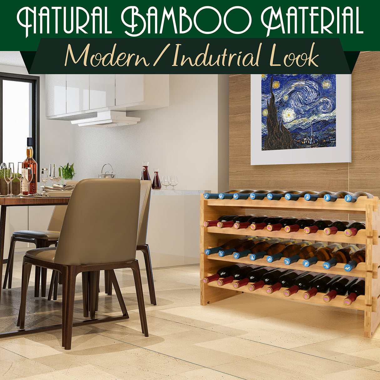 SereneLife Bamboo Stackable Wine Rack, 4-Tier 36 Bottle Capacity Wine Racks Free Standing Floor, No Tools Assembly, Modular Storage Display Shelf for Kitchen and Cellar 33.5" x 10" x 21" SereneLife