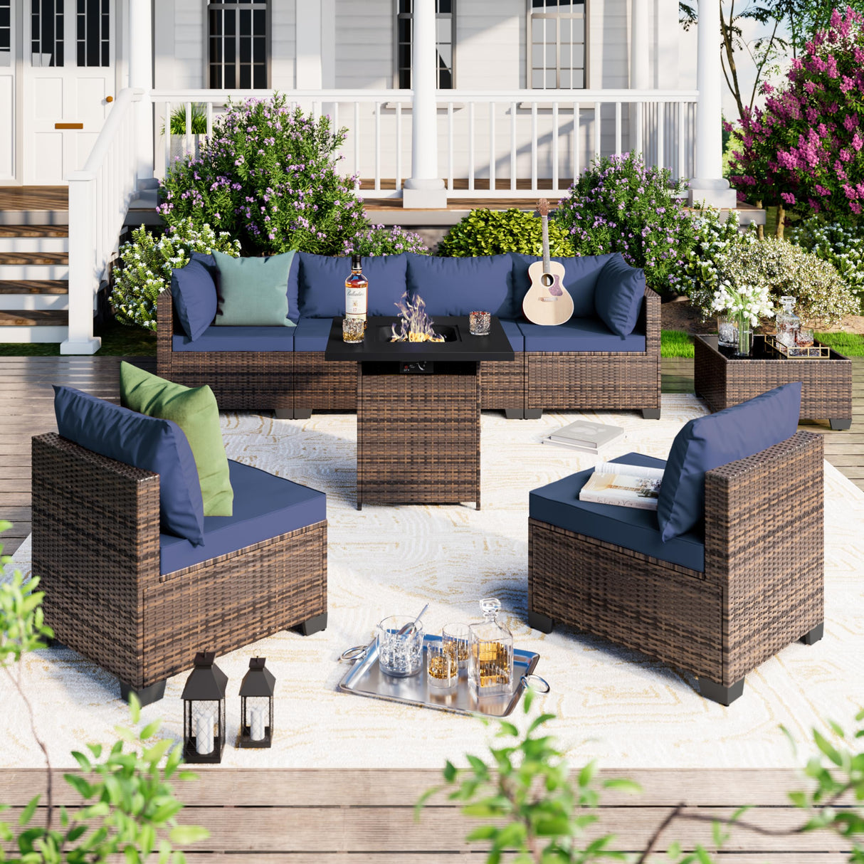 ELEGIBLISS 7/8-Piece Patio Conversation Set with Fire Pit Table, Outdoor All-Weather Rattan Sofa Sectional, Handwoven Wicker Furniture for Backyard, Easy Assembly & Weather-Resistant Design ELEGIBLISS