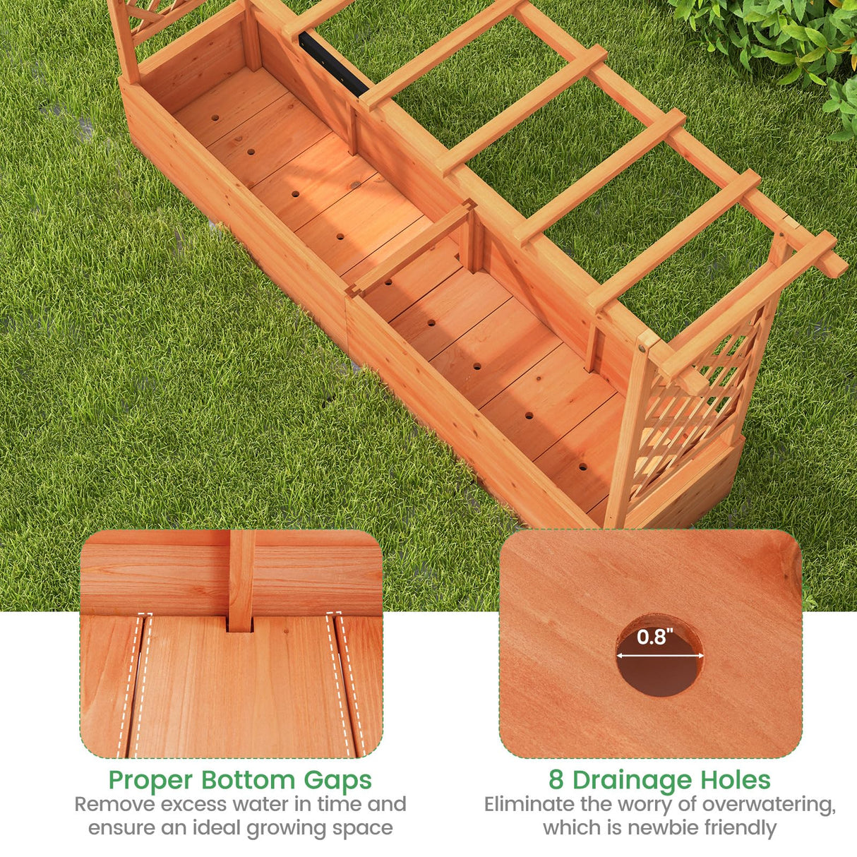 Giantex Raised Garden Bed with 2-Sided Trellis & Hanging Roof, Fir Wood Planter Box w/Drainage Holes, Bottom Gaps, Freestanding Garden Planter for Flowers Herbs Climbing Vines (79" x 17.5" x 45") Giantex