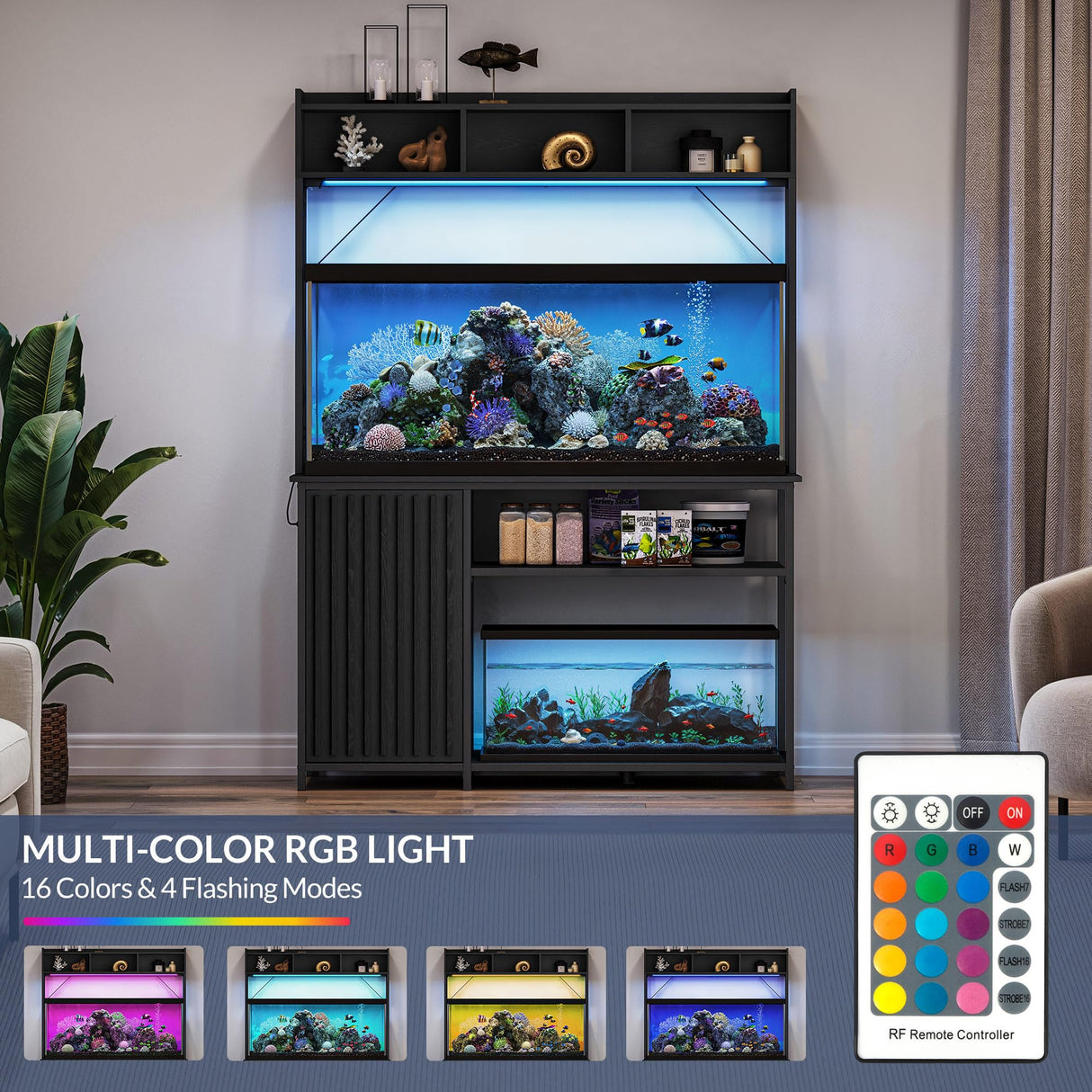 BELLEZE 55-90 Gallon Aquarium Stand with LED Lights, Fluted Cabinet For Fish Tank Accessories Storage, Heavy Duty Metal & Power Outlets, 1200 LBS Capacity, Turtle Tank Reptile Terrarium, Black Ebony BELLEZE