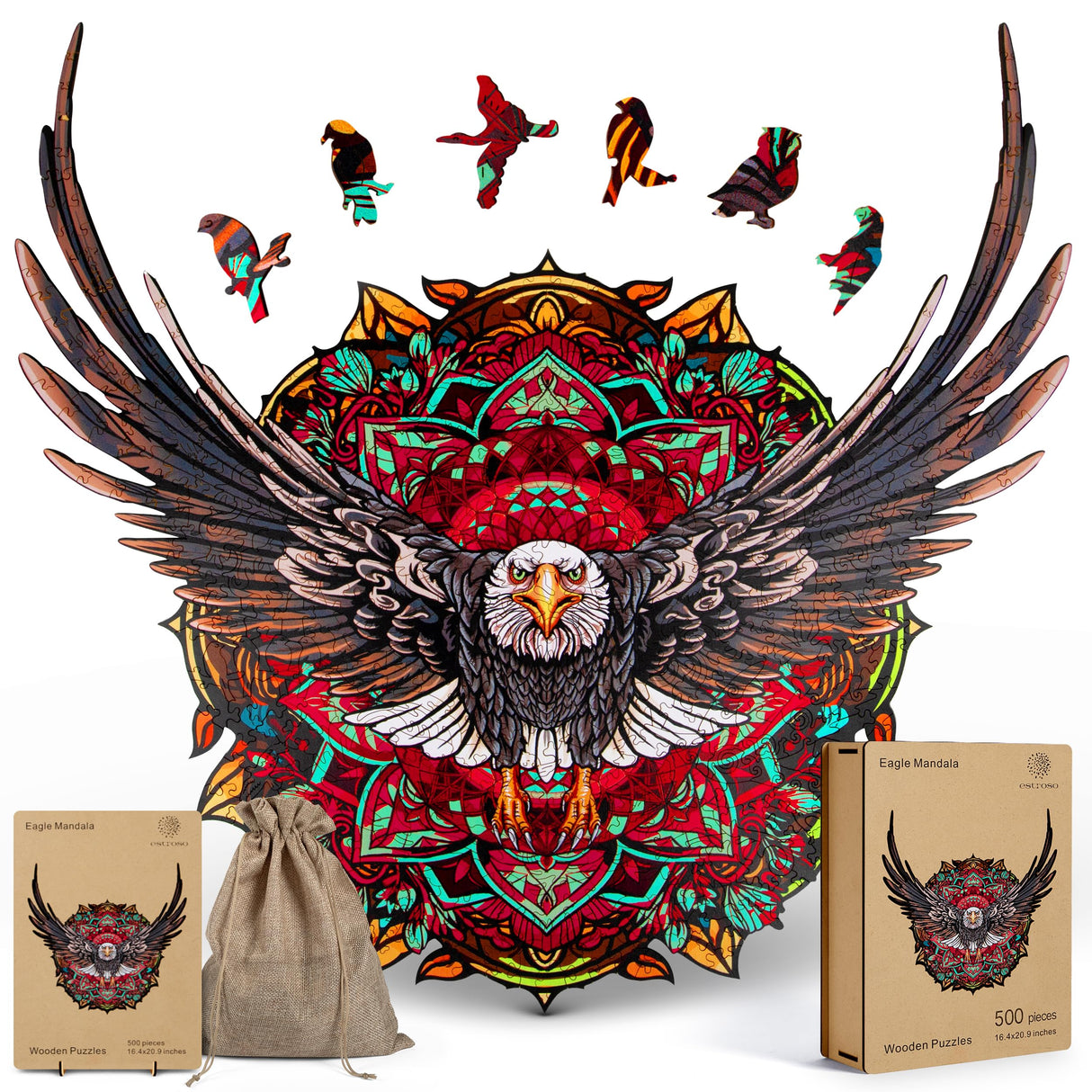ESTROSO Wooden Puzzles for Adults - Bald Eagle Mandala 500 Piece Wooden Jigsaw Puzzle - 20.9x16.4 Inches - Giftable Wooden Box and Carrying Bag - Challenging Wooden Jigsaw Puzzles ESTROSO