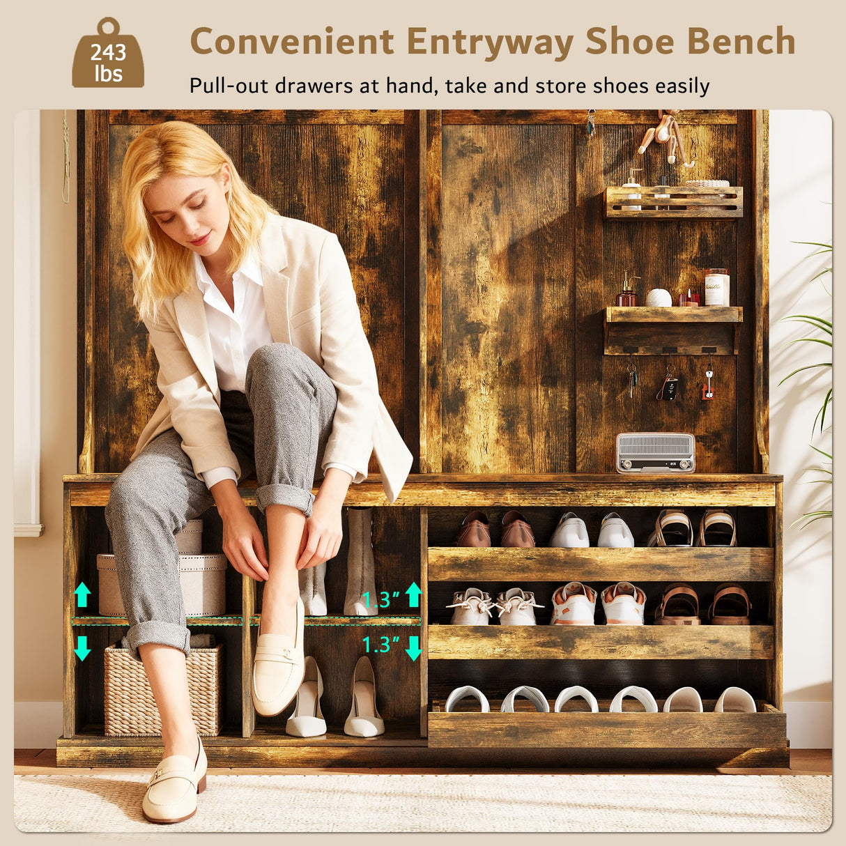 iPormis 70“ Large Hall Tree with Bench and Adjustable Storage Shelves, 6-in-1 Farmhouse Entryway Bench w/Coat Rack, Top Storage, Small Shelves for Entryway, Living Room, Led Lights, Rustic Brown iPormis