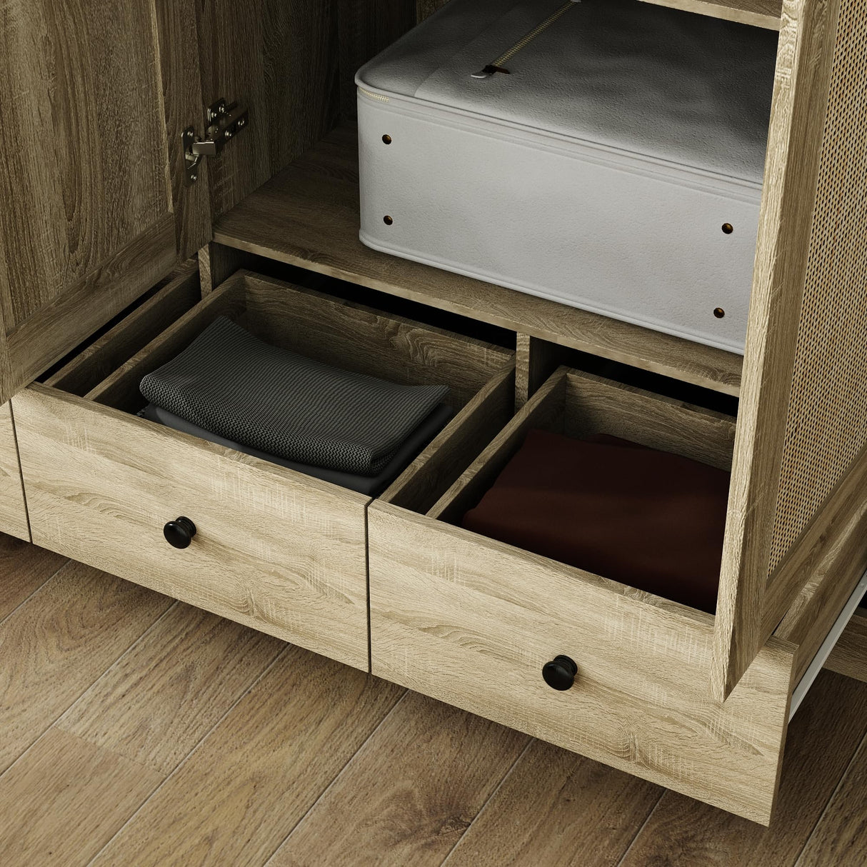 Hitow Ratten Wardrobe Armoire Closet, 3 Door Rattan Closet Wardrobe Cabinet with 3 Drawers & Hanging Rod, Storage Wardrobe Armoire Dresser for Bedroom Organizer (47.2" W x 18.9" D x 70.9" H) Hitow