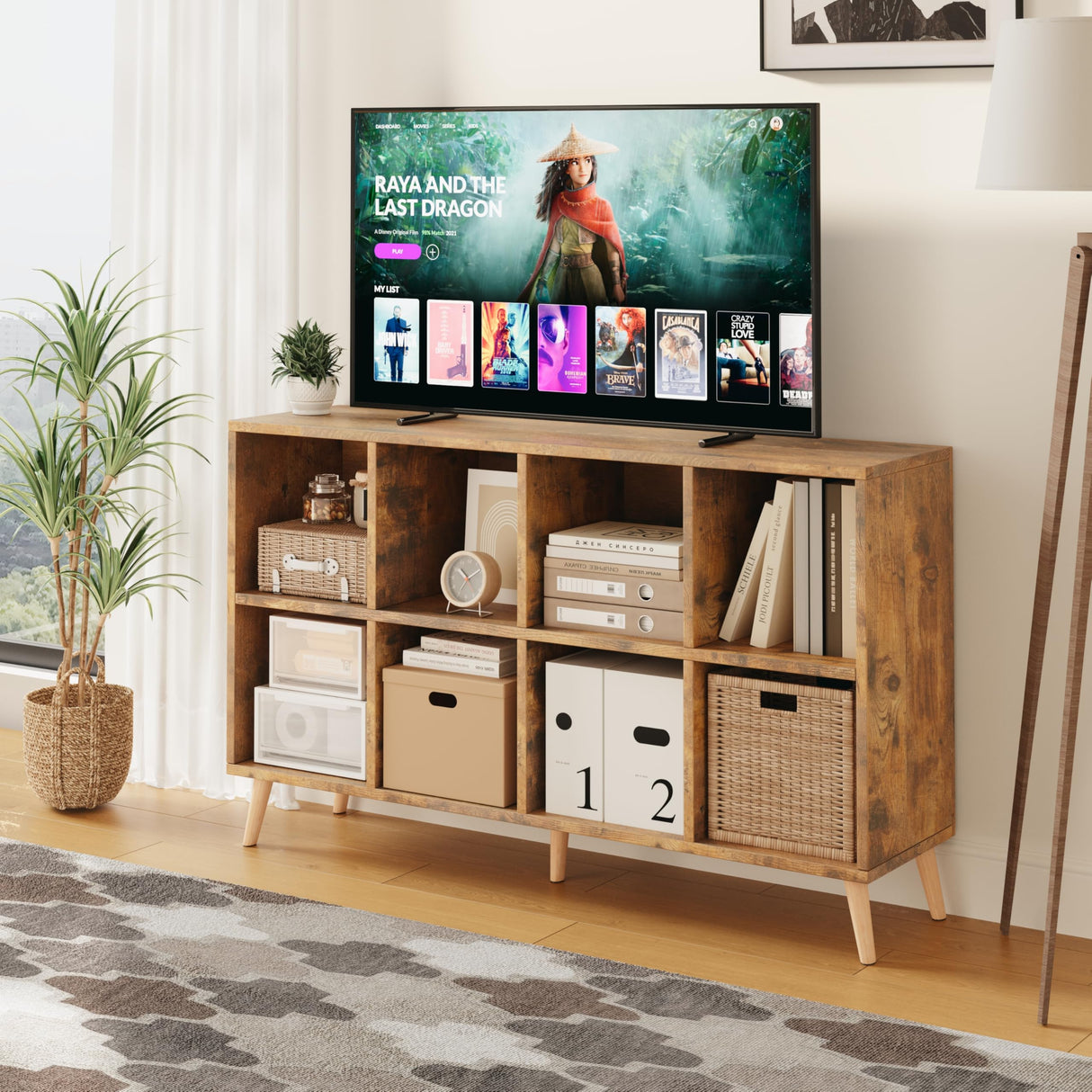 8-Cube Bookshelf 2 Tier Retro Bookcase with Legs, 11in Shelf Opening, 47" Wood Bookshelves Storage Organizer Shelf, Freestanding Open Book Shelves for Bedroom Living Room Office, Rustic Brown Flrrtenv