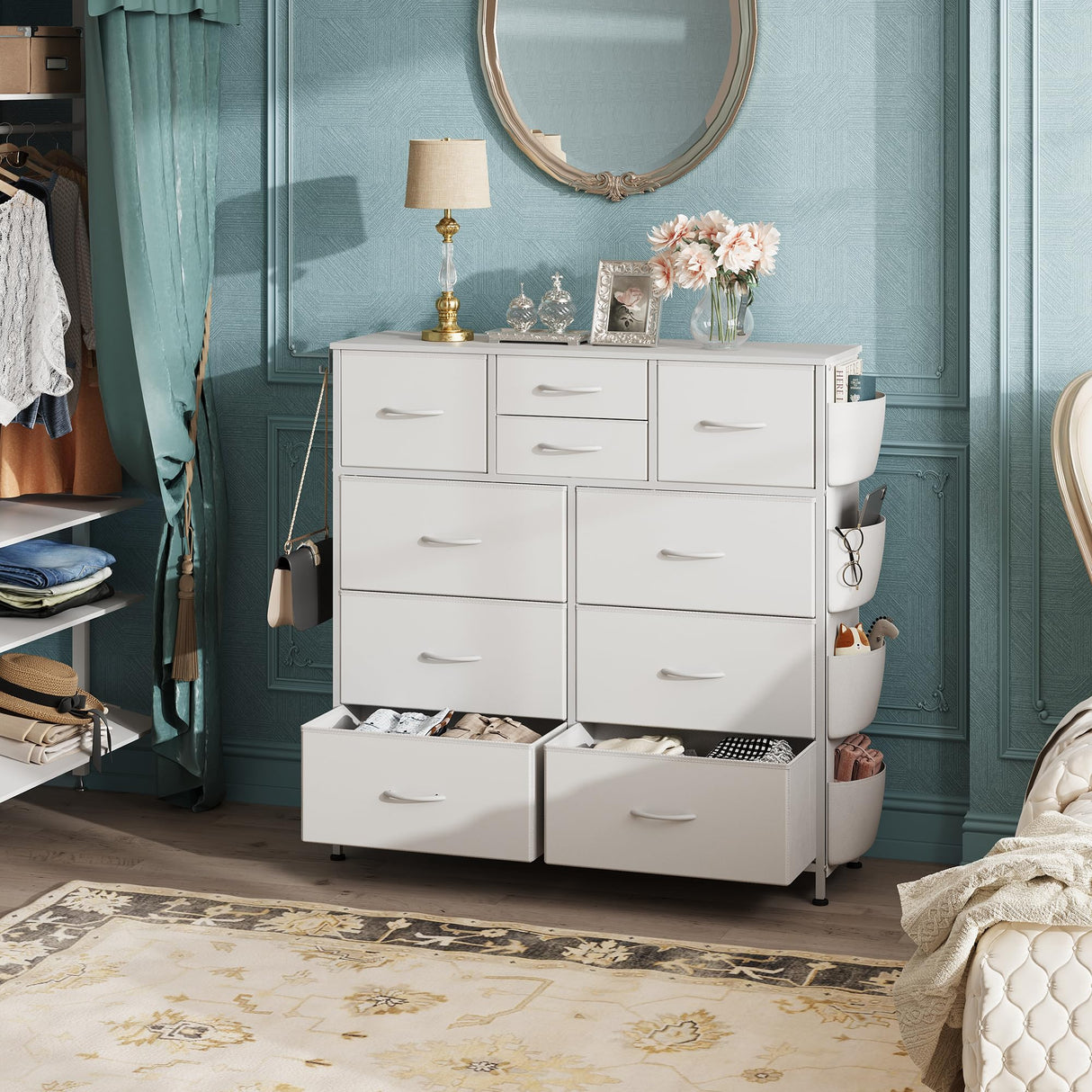 WLIVE White Dresser for Bedroom with 10 Drawers, Chest of Drawers with Side Pockets and Hooks, PU Storage Dresser, Sturdy Metal Frame, Drawers Organizer Unit for Living Room, Hallway, Closet WLIVE