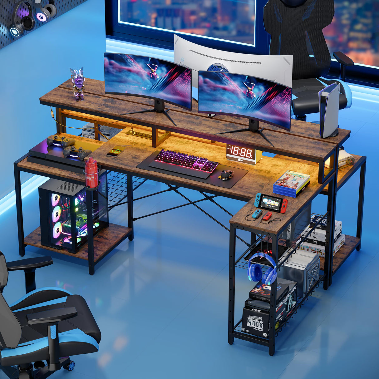 Bestier 71.5 inch Computer Desk with Power Outlets, LED Large Home Office Desk with Monitor Stand, L Shaped Corner Desk with Printer Stand Adjustable Shelf, Cup Holder & Headset Hooks, Brown Bestier