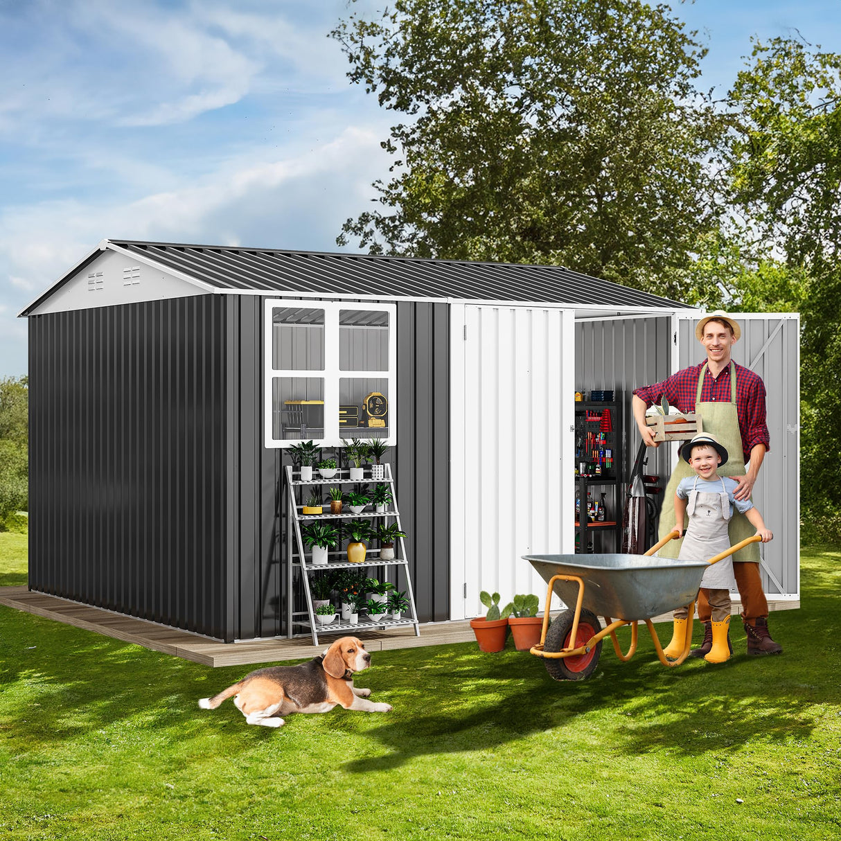DWVO 10x10ft Metal Outdoor Storage Shed with Window, Lockable Tool Storage Sheds, Oversized Steel Garden Sheds with Sloped Roof for Backyard, Patio, Garage, Lawn, Gray & White DWVO