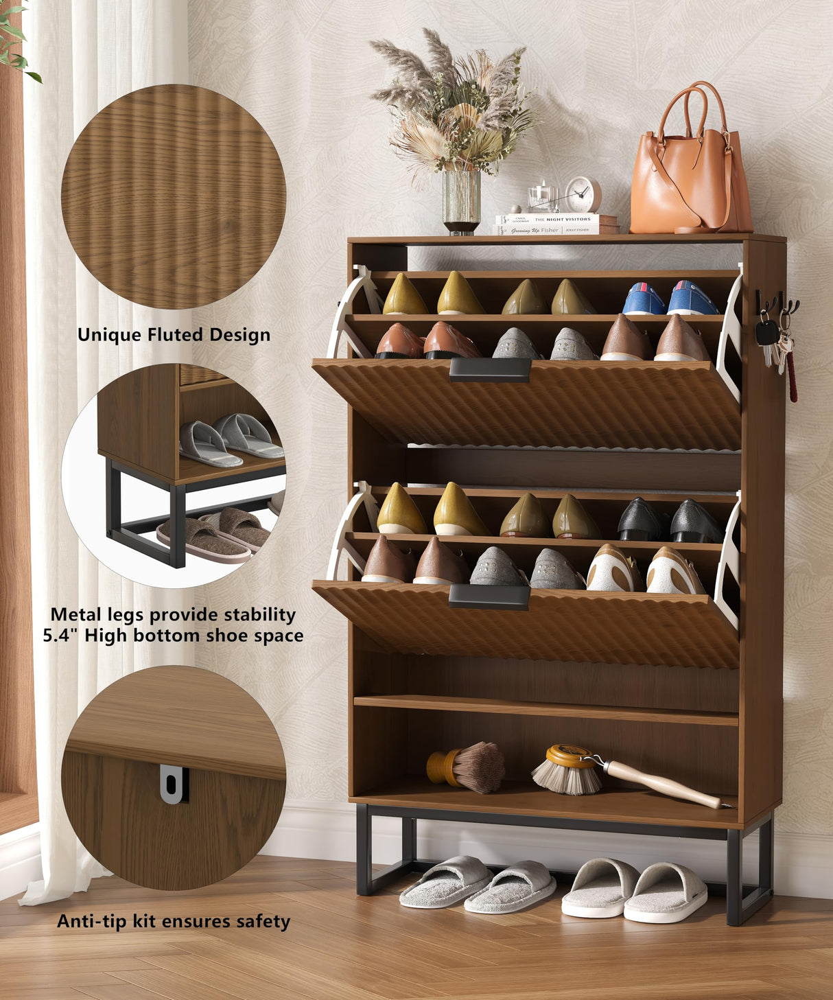 Akxomel Fluted Shoe Storage Cabinet, Narrow Hidden Shoe Rack Cabinet with Metal Legs, Narrow Shoe Organizer, 2 Flip Drawers, for Entryway, Hallway, Living Room, Walnut Akxomel