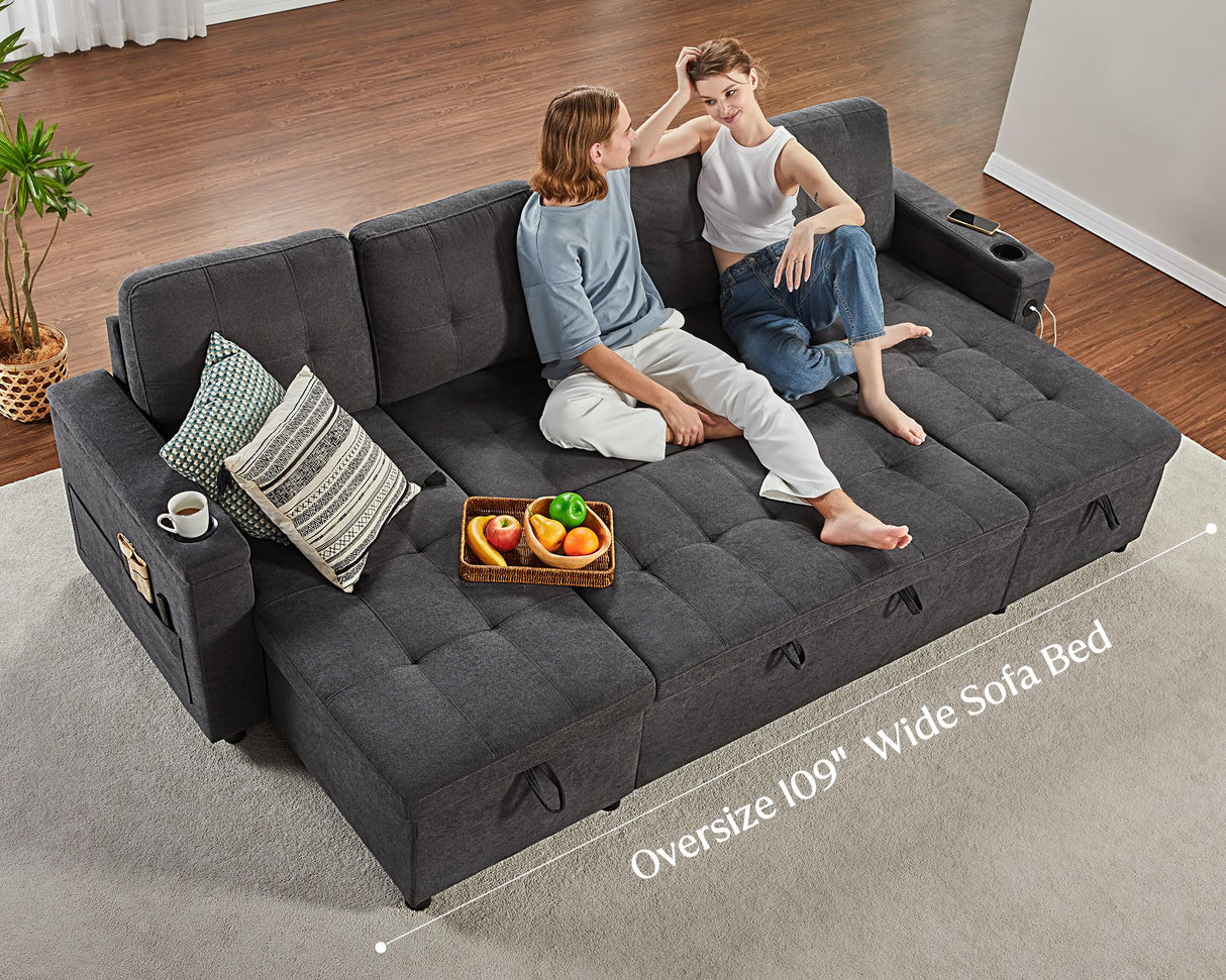 VanAcc Sleeper Sofa, 109 inch Sectional Sofa Bed with USB Charging Ports & Cup Holders, Pull Out Sofa Bed with Dual Storage Chaise, U-Shaped Bed Couch for Living Room, Dark Grey VanAcc