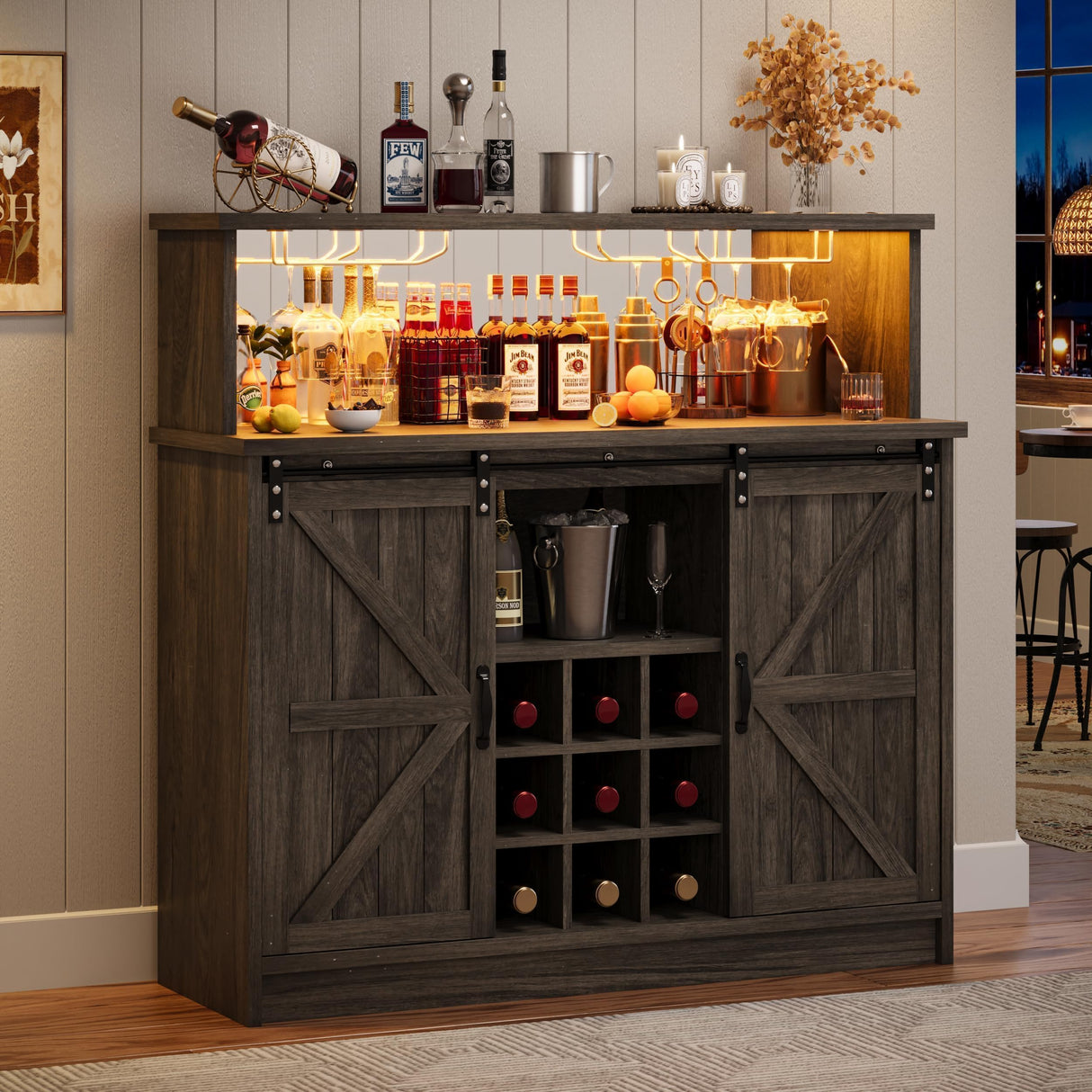 4ever2buy Farmhouse Coffee Bar with LED Lights, 47 inch Coffee Bar Cabinet with Storage, Wine Bar Cabinet with Glass & Wine Racks for Living, Dining Room, Grey 4ever2buy