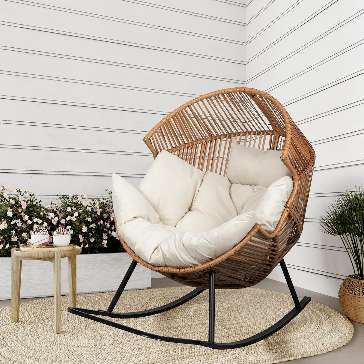 Shintenchi Wicker Egg Chair,Oversized Outdoor Indoor Rocking Chair,Large PE Rattan Rocking Chair with Cushion for Patio, Balcony, Backyard, Garden, Beige Shintenchi