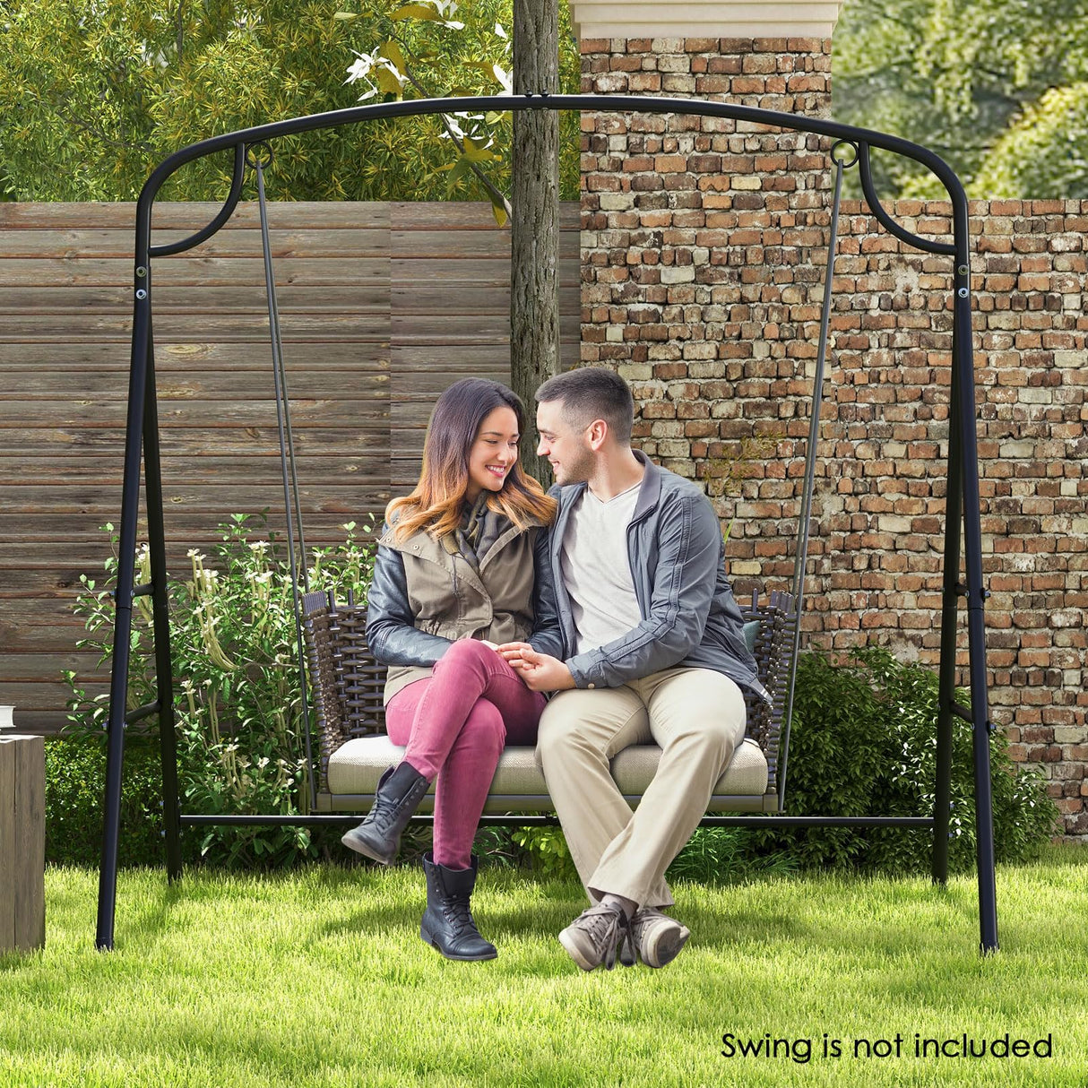 HAPPYGRILL Outdoor Swing Frame Heavy-Duty Metal Porch Swing Stand with Side Bars & 2 Rings, 660 lbs Weight Capacity, A-Frame Swing Frame for Garden, Backyard, Balcony HAPPYGRILL