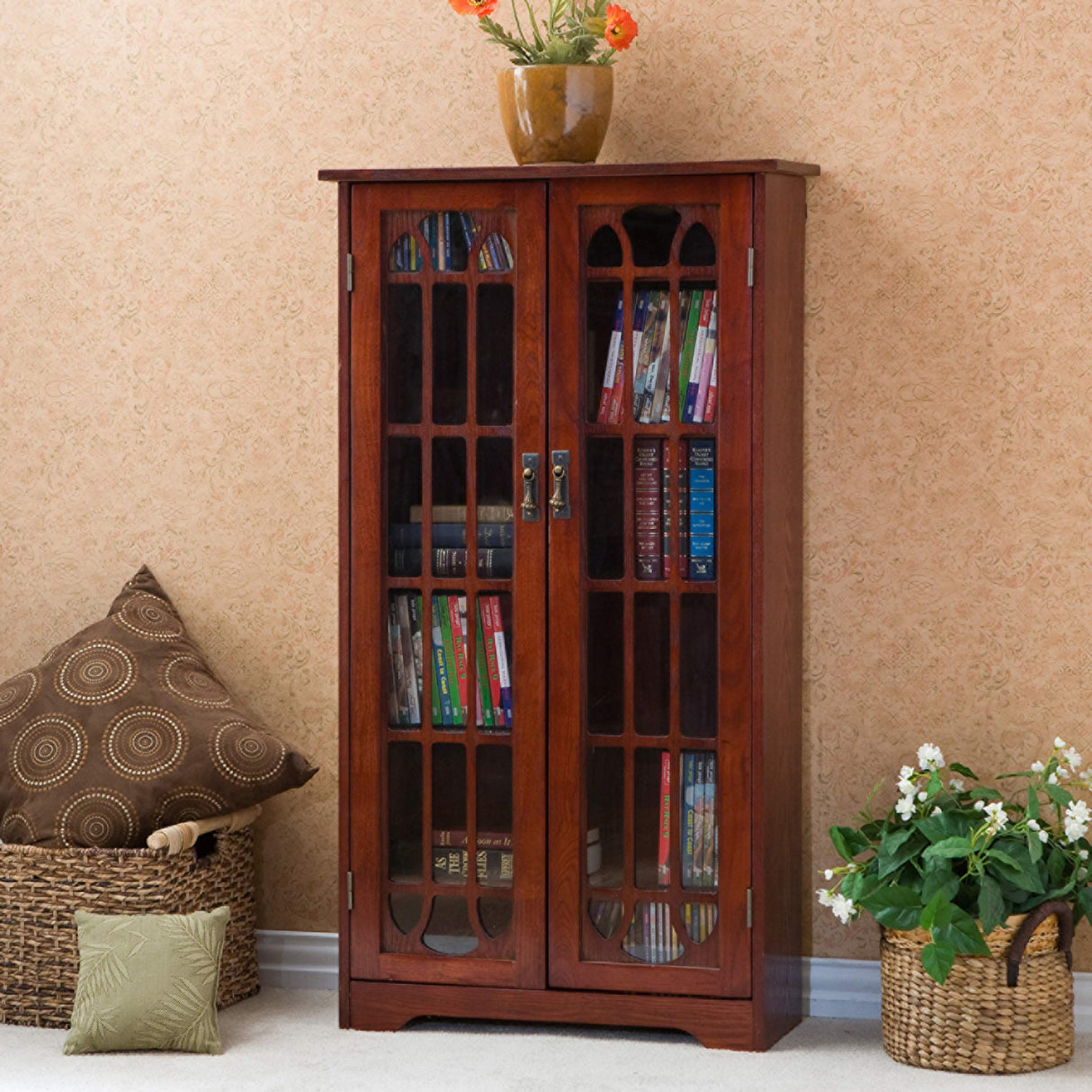 SEI Furniture Window Pane Storage Adjustable Shelves Display Cabinet, 47.75" H x 26.25" W x 9.5" D, Cherry SEI Furniture