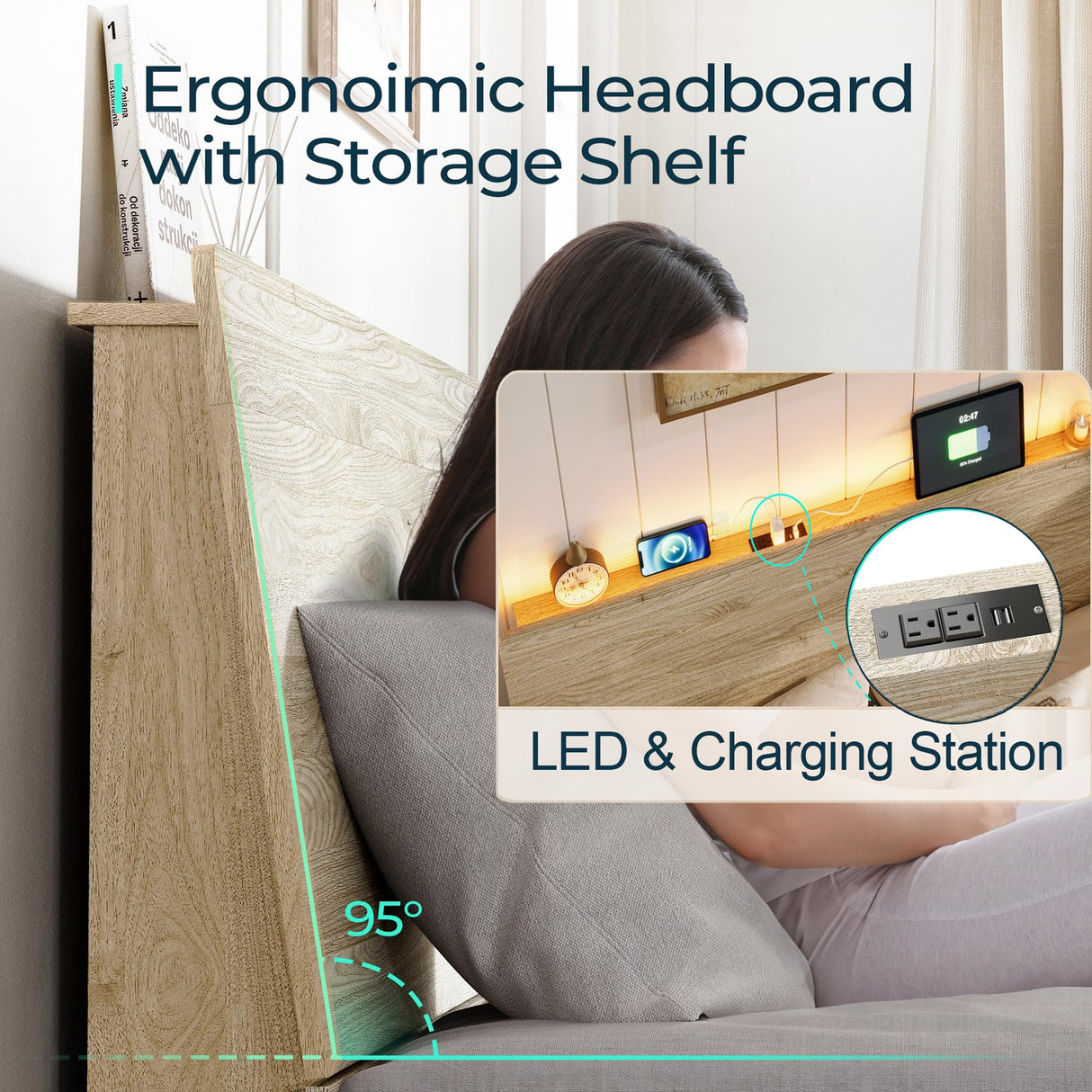 LINSY Wood Bed Frame, Queen Bed Frame with Headboard LED, Wooden Platform Frames with Charging Station, No Box Spring Needed, Easy Assembly, Natural Wood LINSY