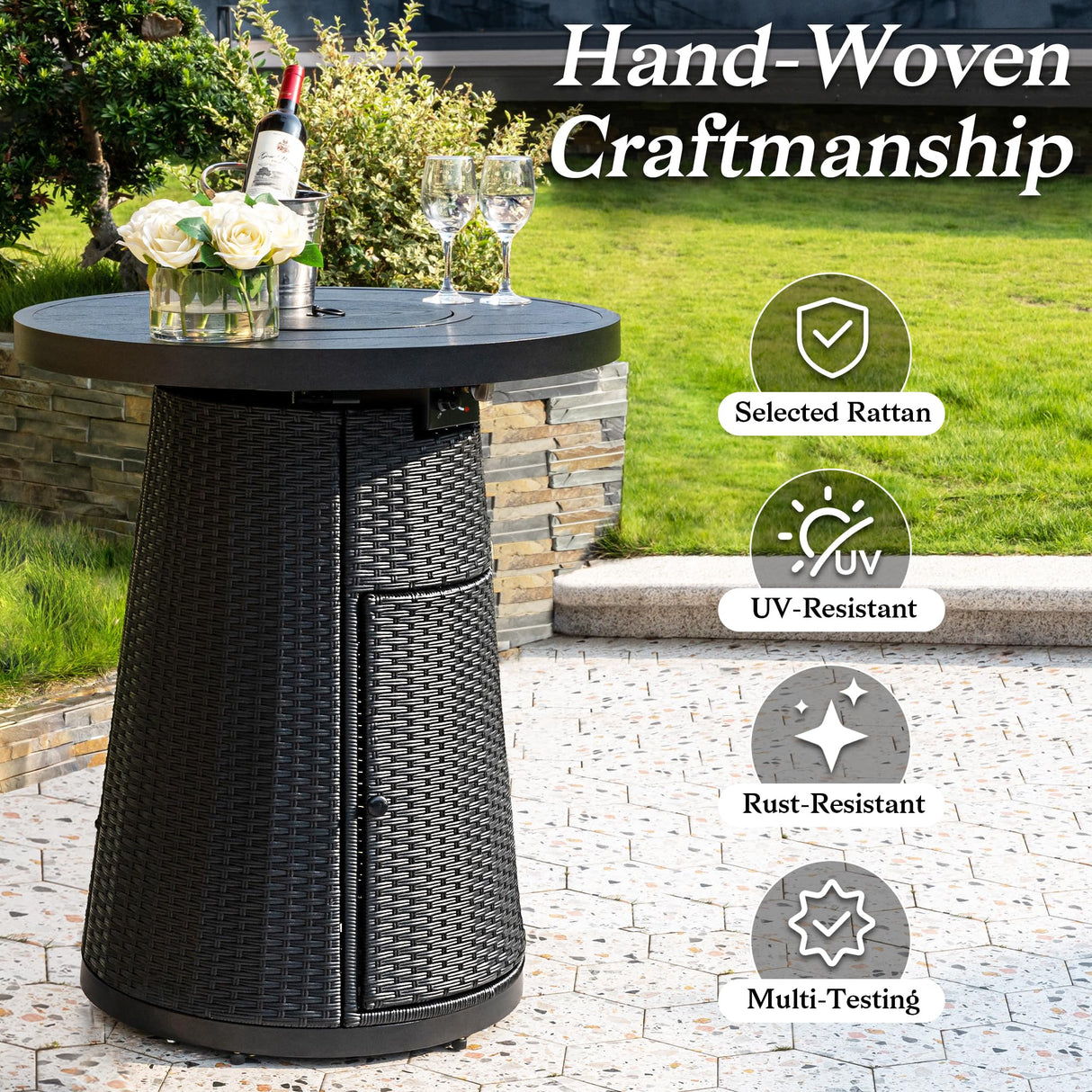 PIZZELLO 3 Pieces Outdoor Patio Furniture Set w/ 37" Propane Fire Table and 2 Swivel Barstools Chairs Outdoor Wicker Rattan Conversation Sets of 3 for Outside Porch, Balcony (Black) PIZZELLO