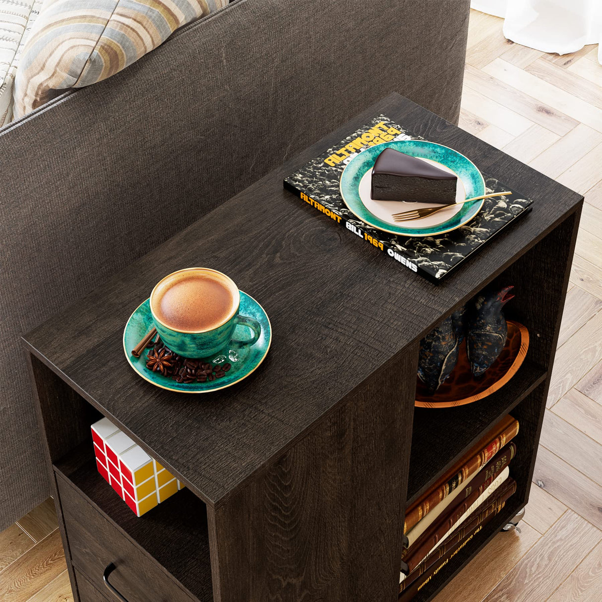 HOSTACK End Side Table, Narrow Nightstand with Storage Drawers and Adjustable Shelf, Rolling Bedside Table for Bedroom, Living Room, Home Office, Dark Brown HOSTACK