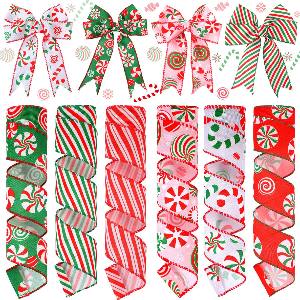 Yingzhao 6 Rolls 30 Yards Christmas Candy Peppermint Wired Edge Ribbon Christmas Candy Ribbon Burlap Ribbon Red Green Candy Cane Fabric Craft Ribbon For Christmas Tree Decoration Gift Wrapping Wreaths Yingzhao