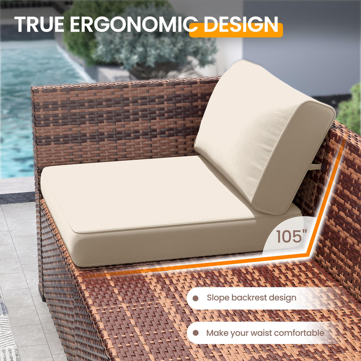 UDPATIO Patio Furniture Set with 44'' Fire Pit Table,Modular Outdoor Furniture Sets,Slanted Back Outdoor Sectional Conversation Set PE Rattan Sofa for Backyard W/Coffee Table,4'' Cushions,8 PCS,Khaki UDPATIO