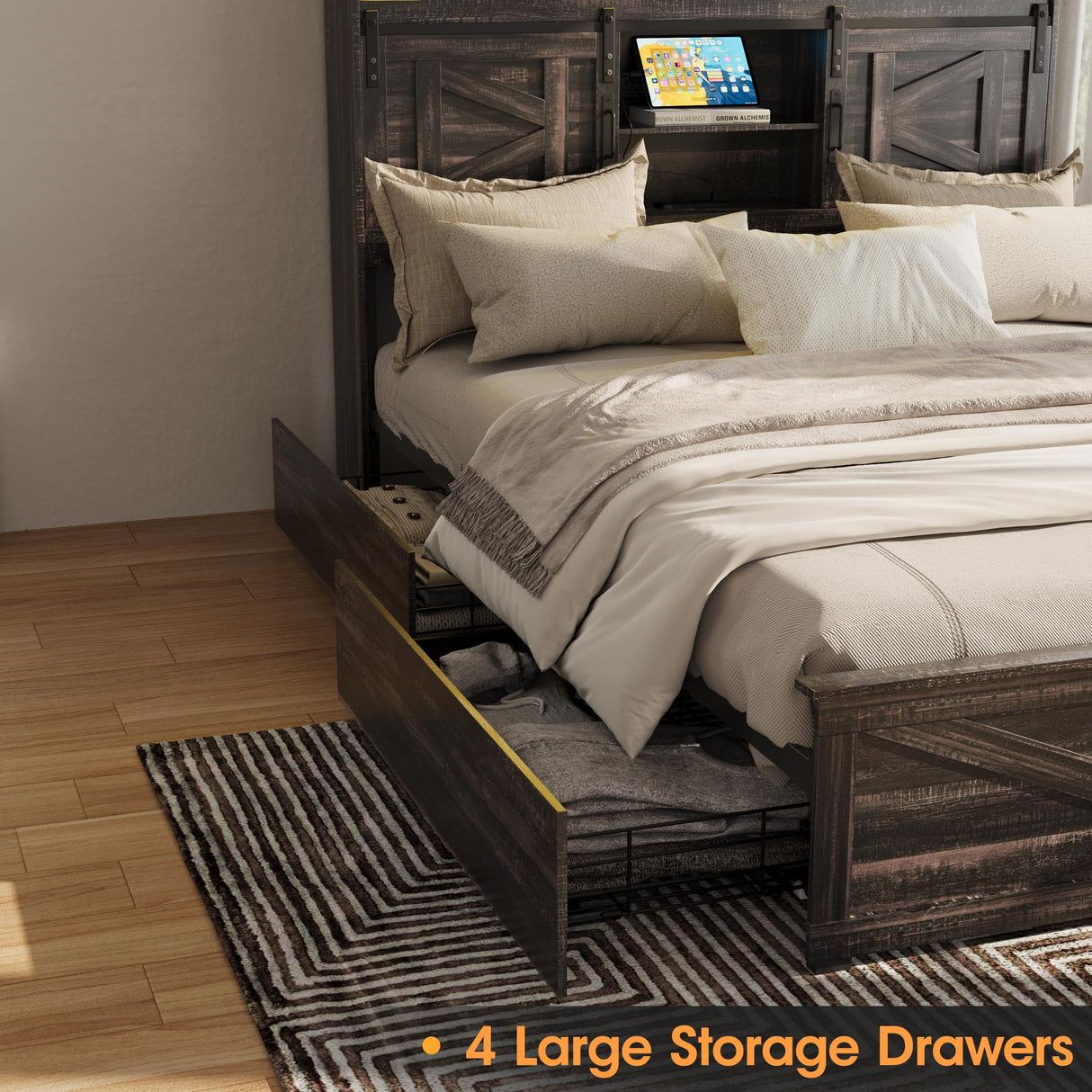 Fameill Farmhouse Full Size Bed Frame with 4 Drawers, Bookcase Headboard, LED Lights, Charging Station & Sliding Barn Door Shelves in Dark Rustic Oak Fameill