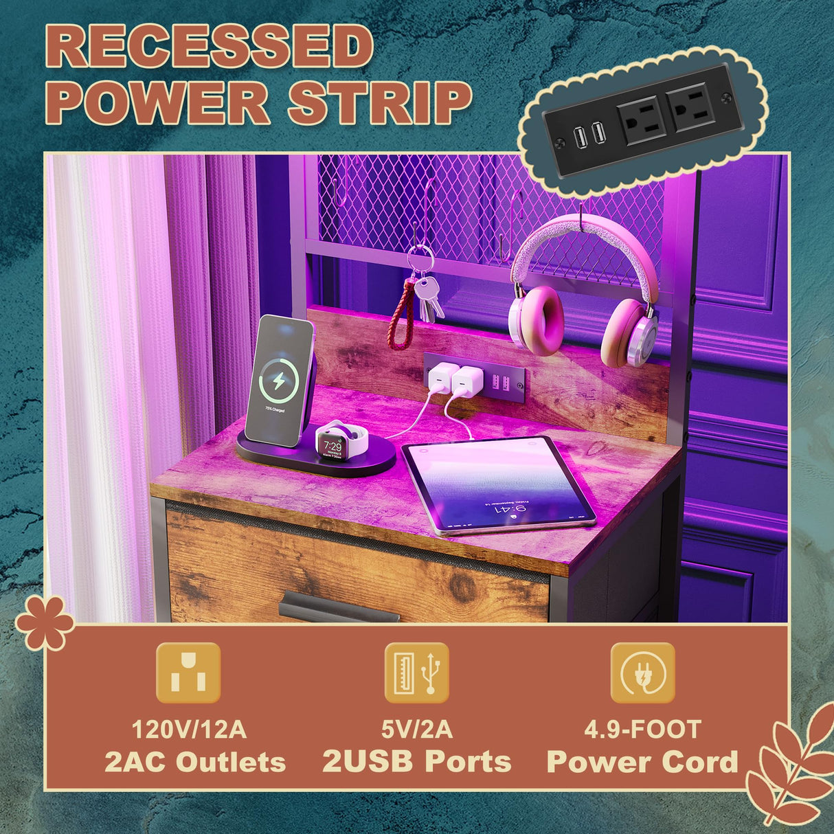 EKNKOZY Nightstand 5 Drawer Dresser with LED Lights, Charging Station, Metal Mesh Shelf with Hooks, Vertical Side Table with Fabric Drawers, End Table, Tall Dresser for Bedroom, Entryway, Rustic Brown EKNKOZY