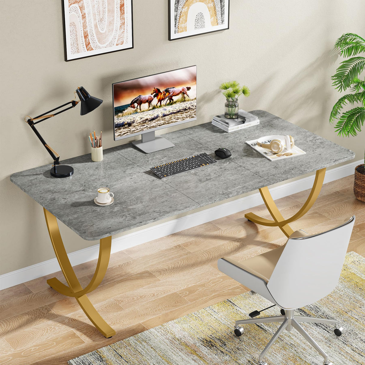 Tribesigns Executive Desk, 63” W x 31.5” D Large Office Desk, Modern Computer Desk Conference Table Meeting Room Table, Business Furniture for Home Office, Gray and Gold Tribesigns