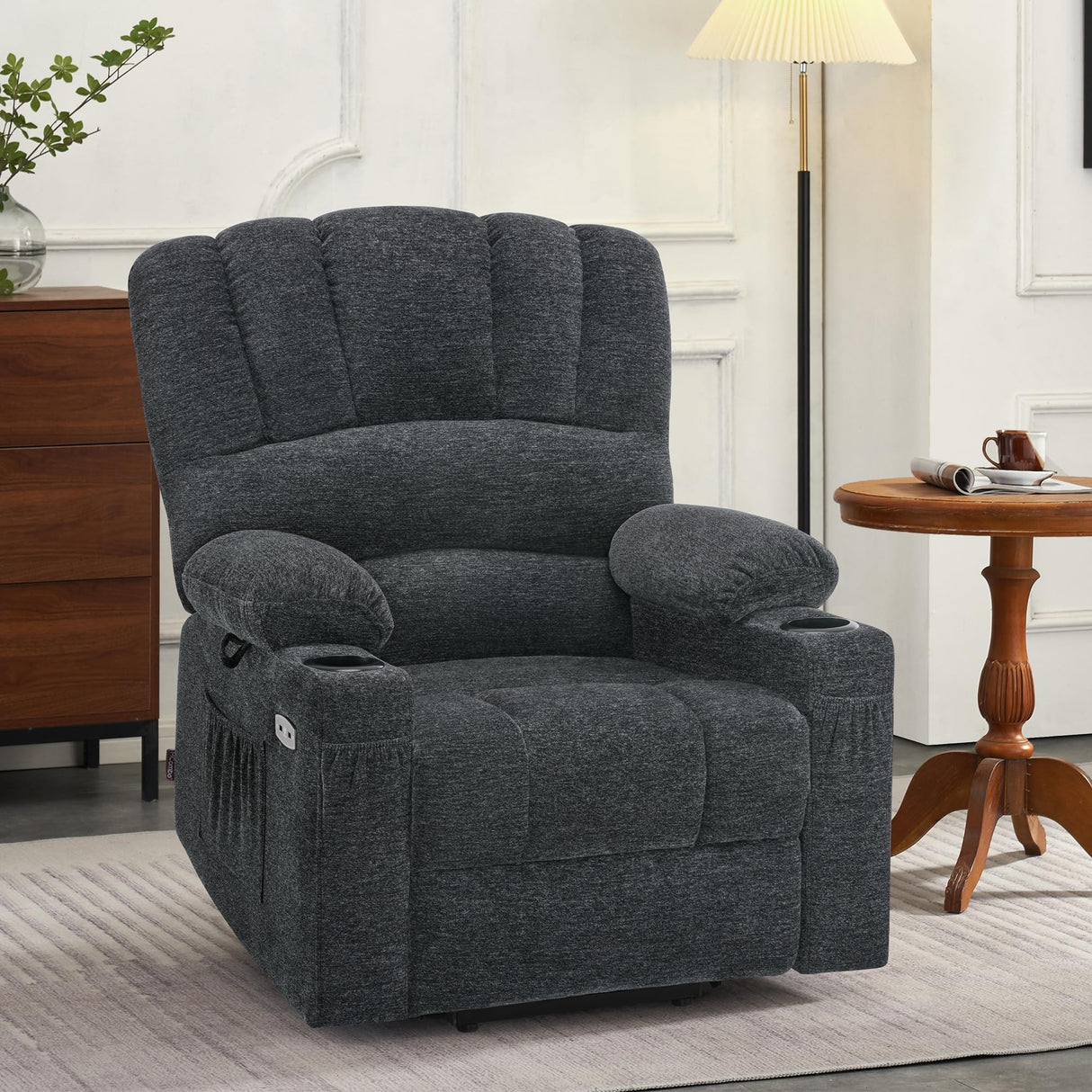 MCombo Power Lift Recliner Chair for Elderly, Lift Chair with Heat and Massage, USB &Type C Ports, Cup Holders, Fabric 7095 (Medium, Dark Grey) MCombo