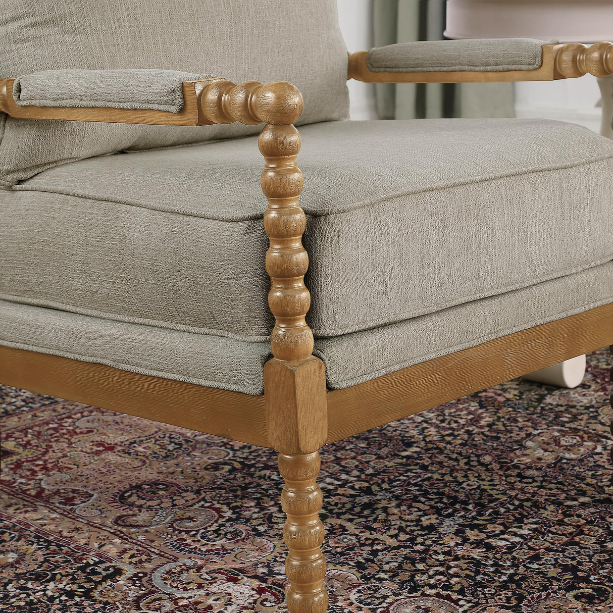 Morden Fort Linen Fabric Spindle Accent Chair with Wood Frame, French Style Accent Chairs with Padded Spring Seat and Armrest Pads, Brushed Base for Living Room Bedroom Farmhouse Office Balcony(Beige) Morden Fort