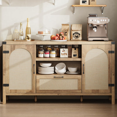 Senfot 47.2" Rattan Sideboard Buffet Cabinet with Storage, Farmhouse Kitchen Buffet Cabinet with Drawer, Boho Wooden Coffee Bar Cabinets with Open Shelves, for Dining Room, Living Room, Natural