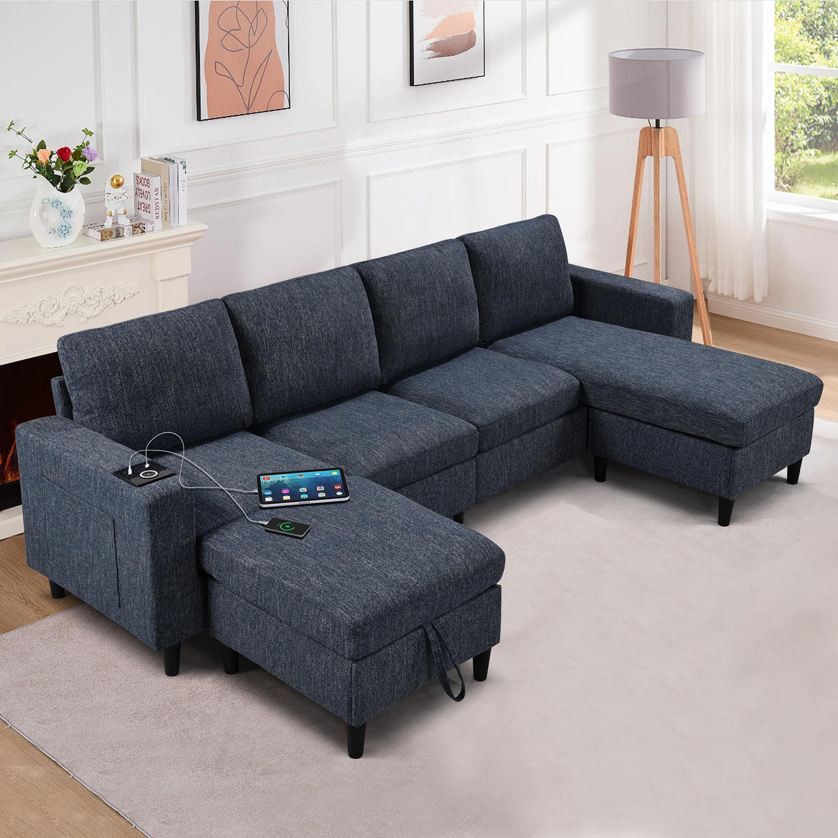 Sectional Couches for Living Room, 6 Seat Sectional Sofa Couch with Smart Module-Wireless Charging/USB/Type-C/RGB Light, U Shaped Thick Linen Modular Couch with Chaise Lounge/Storage Ottoman (Blue) NicoHali