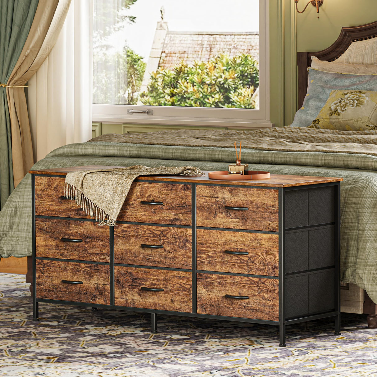 Huuger 9 Drawer Dresser, 47 Inch Dresser TV Stand for 50, 55 Inch TV, Entertainment Center with Drawers, Fabric Dresser Chest of Drawer for Bedroom, Closet, Rustic Brown Huuger