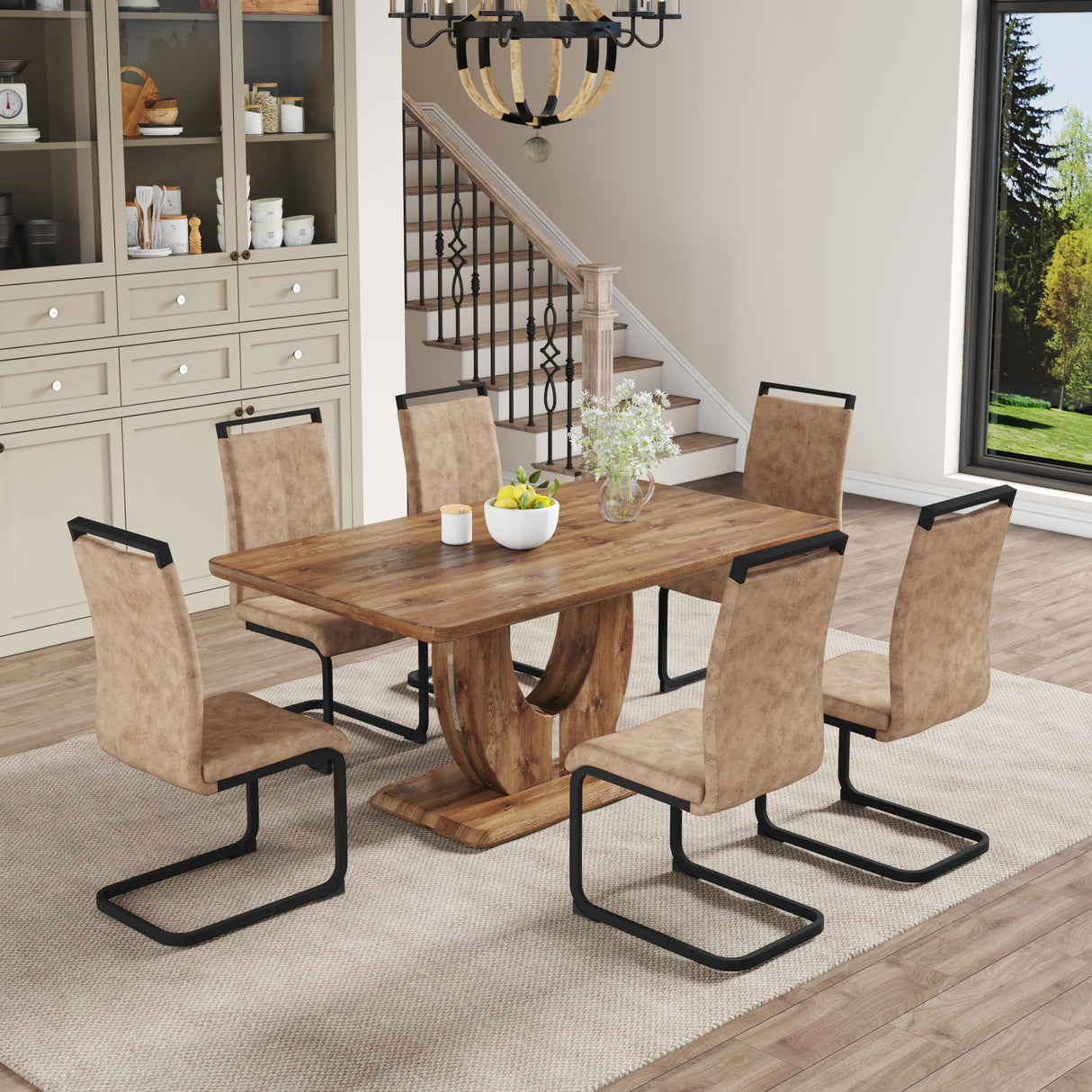 Btikita Dining Table Set for 6, Kitchen Table Chairs Set of 6, Modern Dining Room Set with 63 inch Wood Dinner Table Leather Upholstered Chairs for Kitchen (Brown, Wood Table with 6 Chairs) Btikita