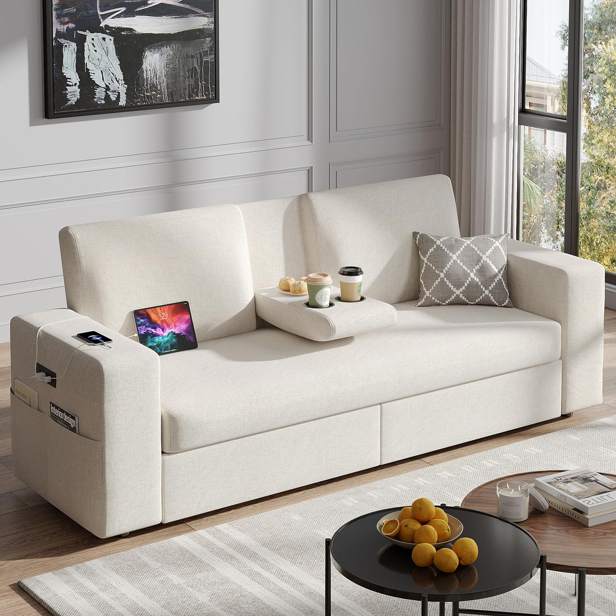 Maupvit 75” Loveseat Sofa with 2 Drawers, USB & Type-C Charging Port, Comfortable Linen Living Room Couch with Small Table Board, Upholstered Small Settee Fits Bedroom, Office,Beige Maupvit