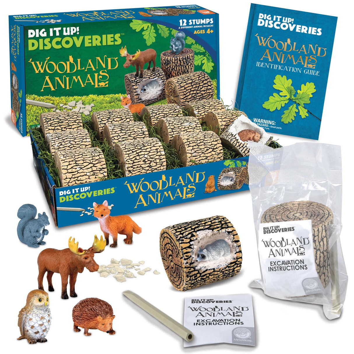 MindWare Dig it Up! Woodland Animals Excavation Kit - Educational Toys for Kids 4 and Up - Dig Kit with 12 Stumps, 12 Animal Figurines, 12 Chisels - Group or Classroom Activities & Birthday Parties MindWare