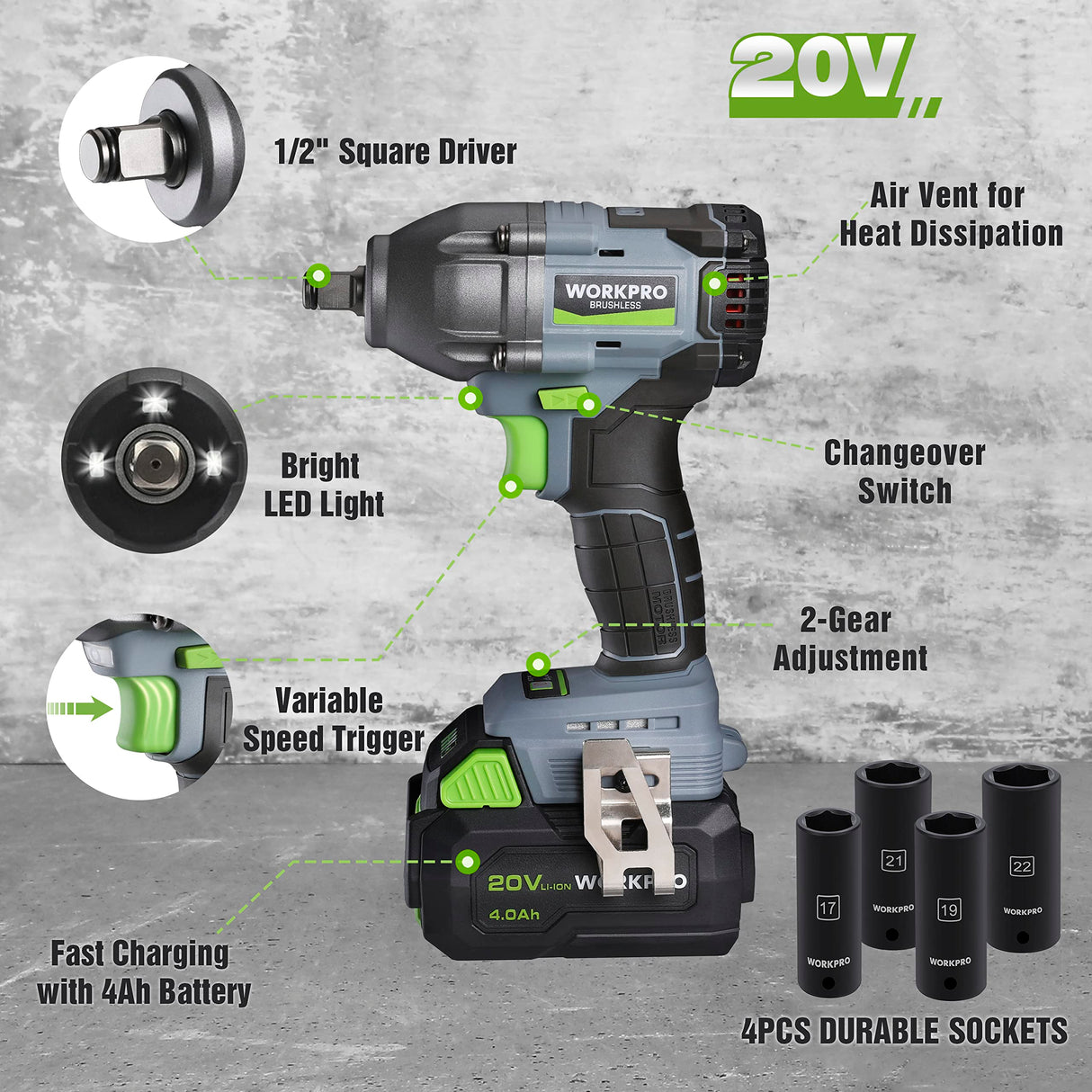WORKPRO Cordless Impact Wrench 1/2 inch, 20V Brushless Impact Gun, High Torque 370 Ft-Lbs (500N.M), Variable Speeds, with 4.0 Ah Battery, Fast Charger, 4 Impact Sockets and Storage Case WORKPRO