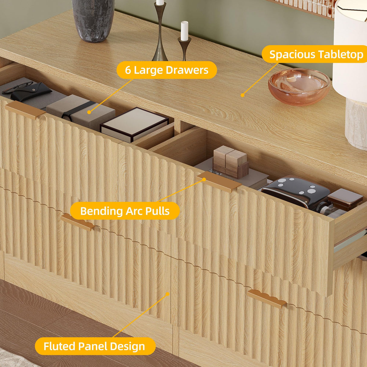 DWVO 6-Drawer Dressers, Chest of Drawers with Fluted Panel, Wide Versatile Storage Dresser Organizer for Living Room, Kitchen and Office, Natural DWVO