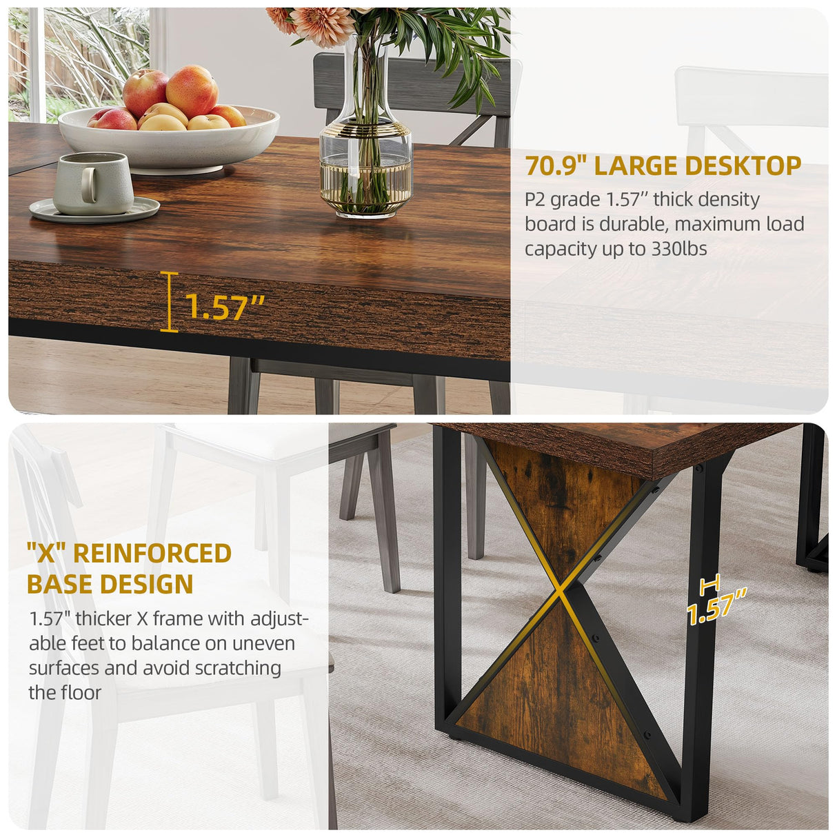 DWVO Farmhouse Dining Table for 6-8 People, 70.8-Inch Rectangular Wood Dining Table, Rustic Kitchen Dinner Table with Heavy Duty Metal Legs for Dining Room (Rustic Brown) DWVO