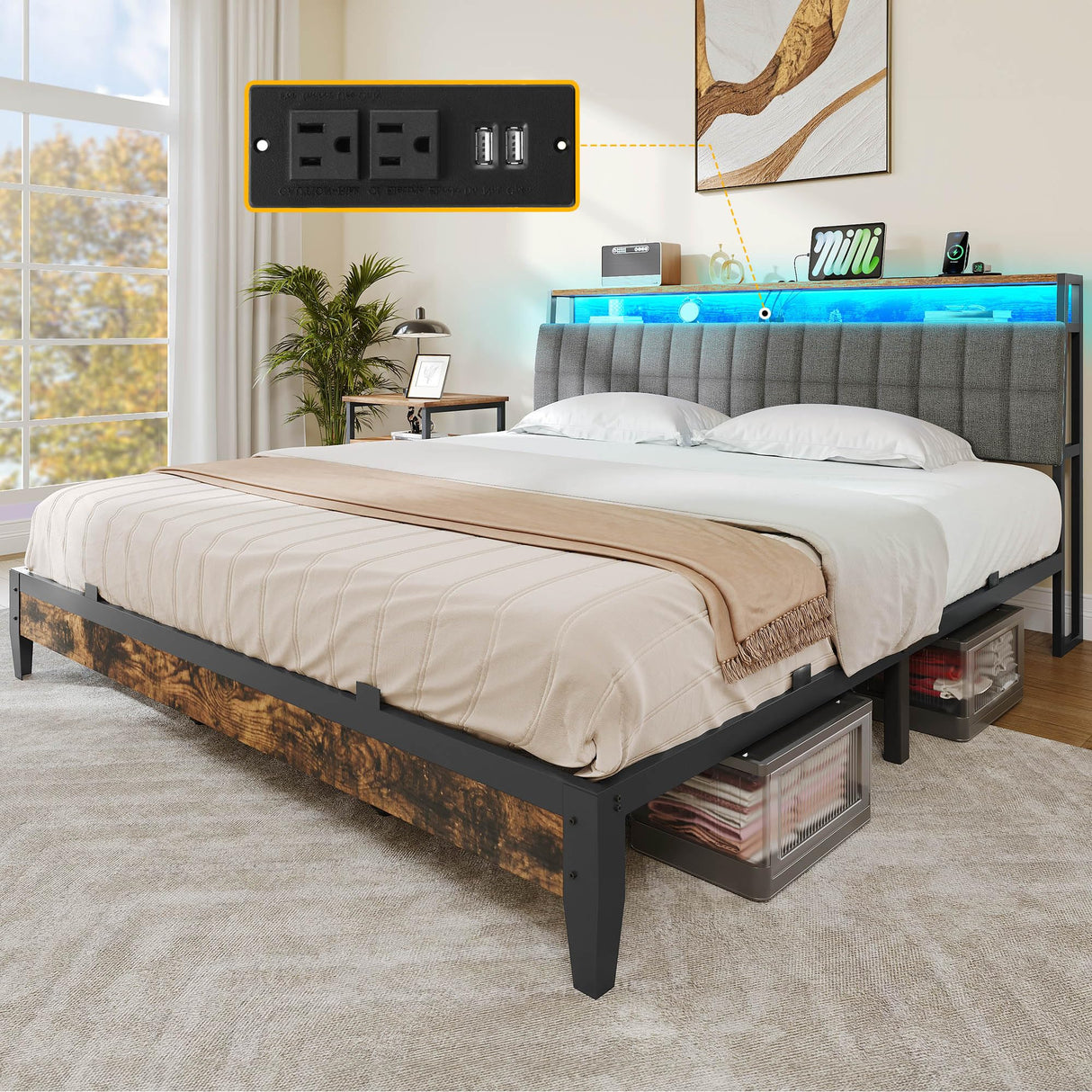 DWVO King Size Bed Frame with Charging Station, 2-Tier Storage Headboard with RGB LED Lights, Linen Upholstered Platform Bed Strong Wooden Slats, No Box Spring Needed Noise Free, Rustic Brown DWVO