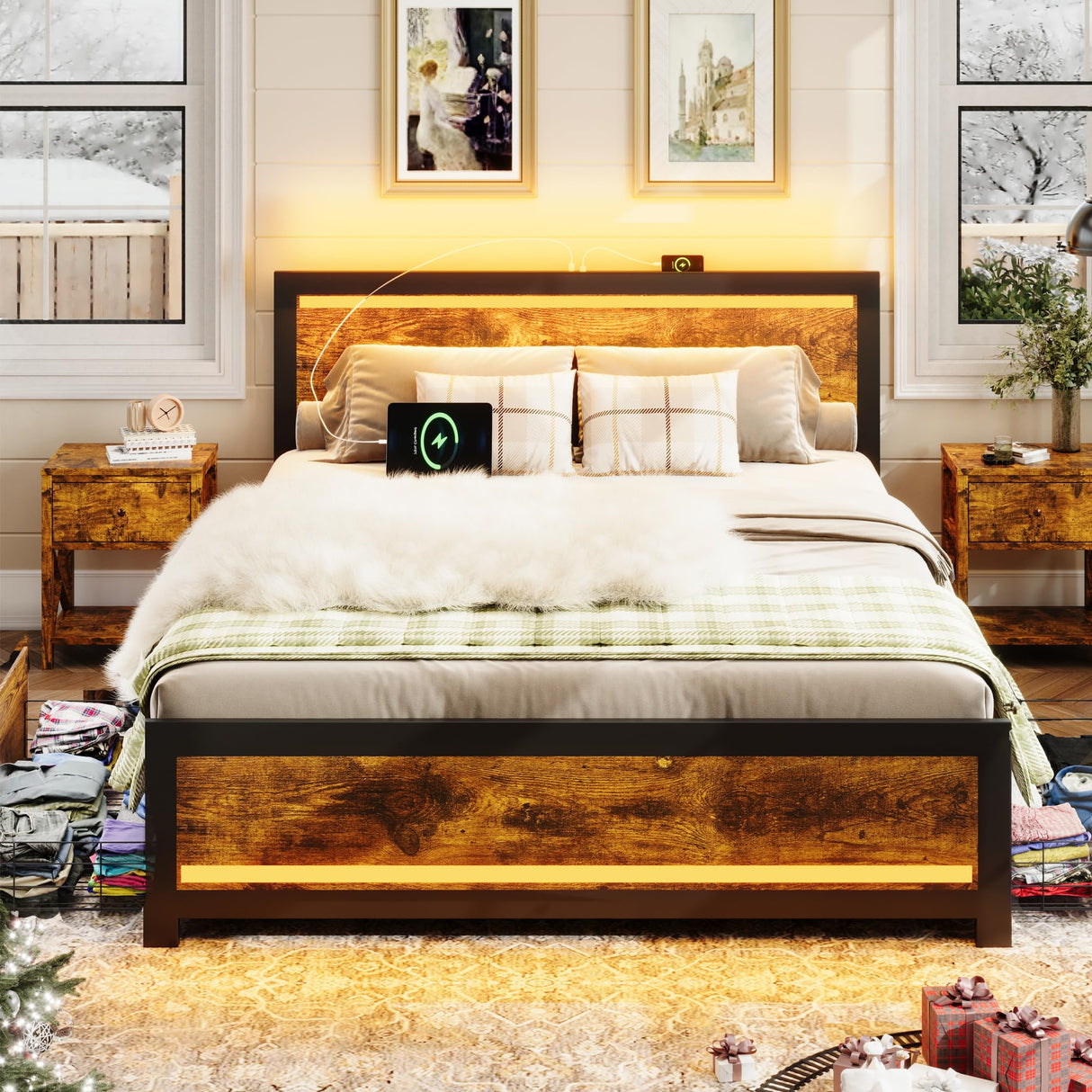 Ailisite Queen Size Bed Frame with 4 Drawers, LED Lights & USB Charging Ports - Rustic Wood Platform Design Ailisite