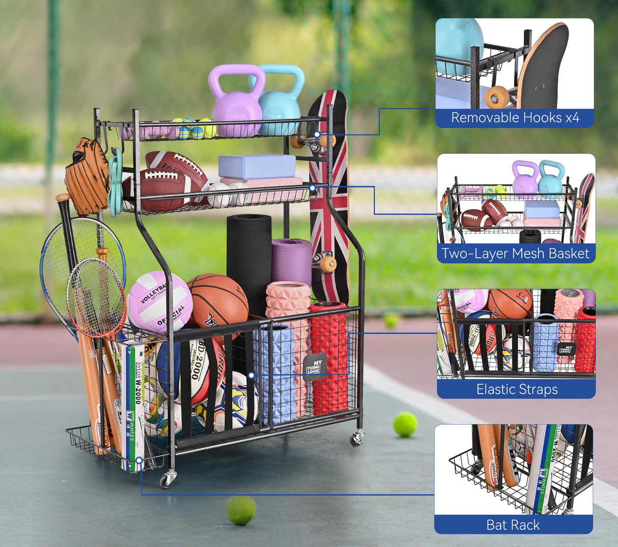 Mythinglogic Garage Sports Equipment Organizer, Baseball Storage Large Capacity, Sports Organizer for Garage with Hooks and Baskets, Ball Storage Rack for Football, Soccer Ball, Bat, Toys Mythinglogic