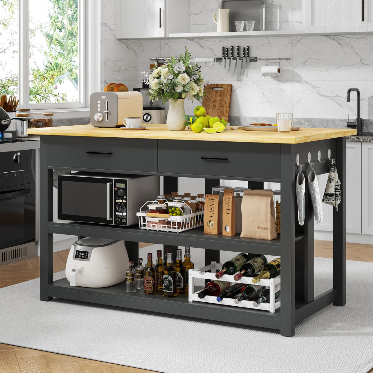 47.3" Solid Rubberwood Kitchen Island with Power Outlets - Extra Large Work Surface, 2 Drawers & Open Shelves Storage Cabinet for Kitchen Dining Room, Farmhouse Style (Black) DynJest
