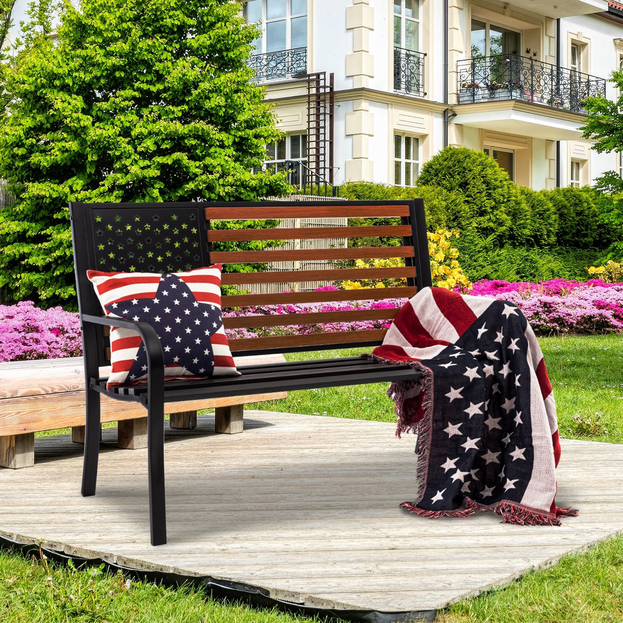 ππππ₯π’ππ¬ππ₯π¨π§ 50β Outdoor Bench Garden Bench with American Flag Style, Sturdy Cast Iron Metal Frame Patio Park Bench for Porch Yard Lawn Deck Park Attliasalon