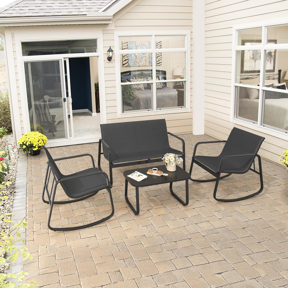 YITAHOME 4 Pieces Patio Furniture Set, Outdoor Textilene Conversation Sets Rocking Bistro Chairs, Loveseat and Glass Table for Living Room Lawn Garden Balcony Poolside Backyard (Black) YITAHOME