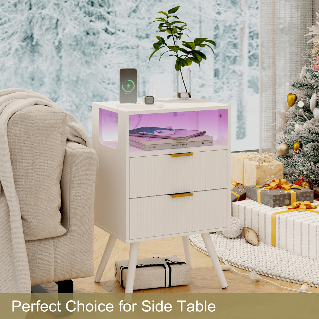 JOONEE White Nightstand with Charging Station and LED Lights,Modern Bedside Table with 2 Storage Drawer and Open Wood Shelf, for Bedroom and Small Spaces,Night Stand with Solid Wood Legs, White JOONEE