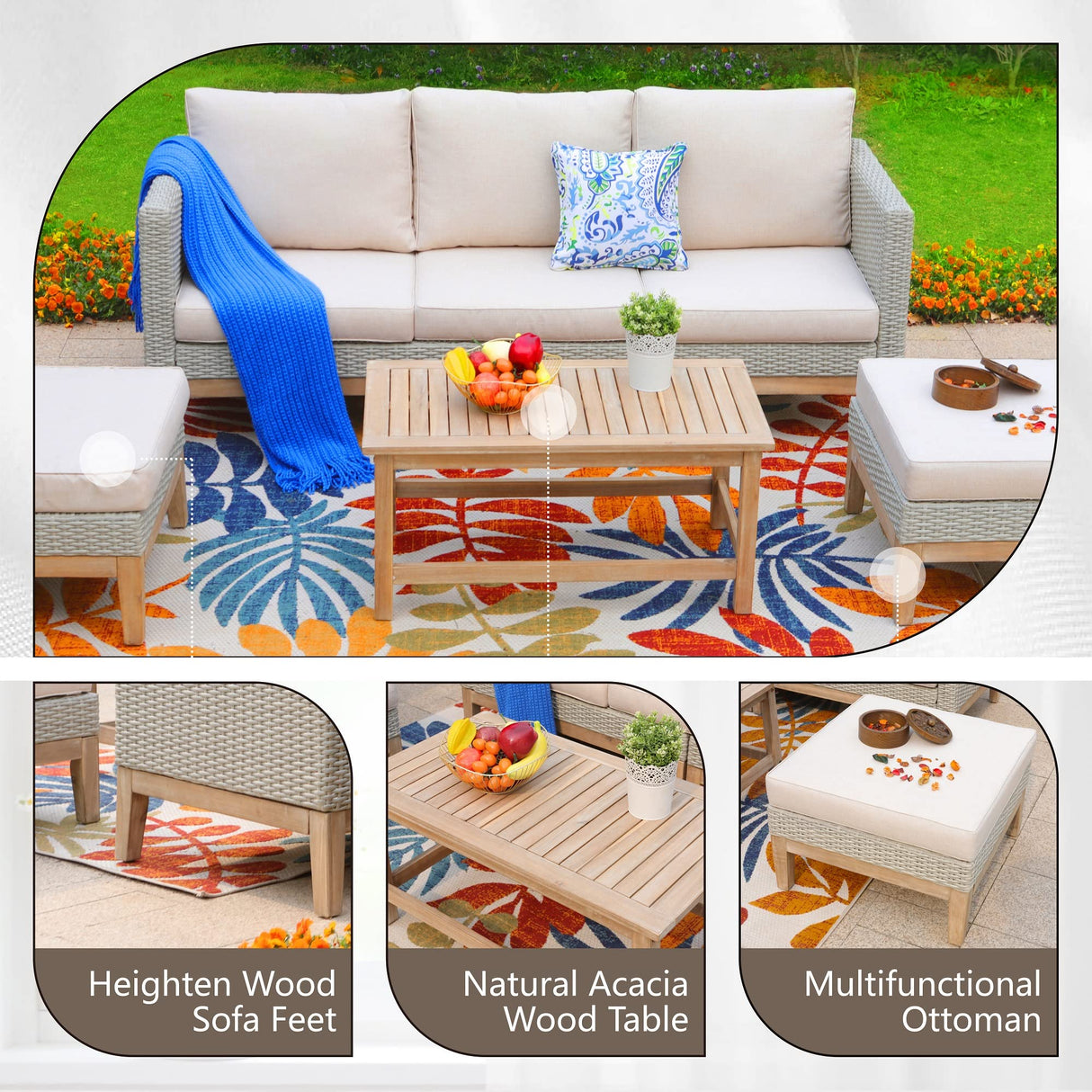 Sophia & William Outdoor Patio Furniture Sets, 5-Piece All-Weather Patio Conversation Set, High Back Wicker Rattan Setional Sofa with Large Single Sofa Chairs, Ottomans & Wooden Coffee Table (Beige) Sophia & William